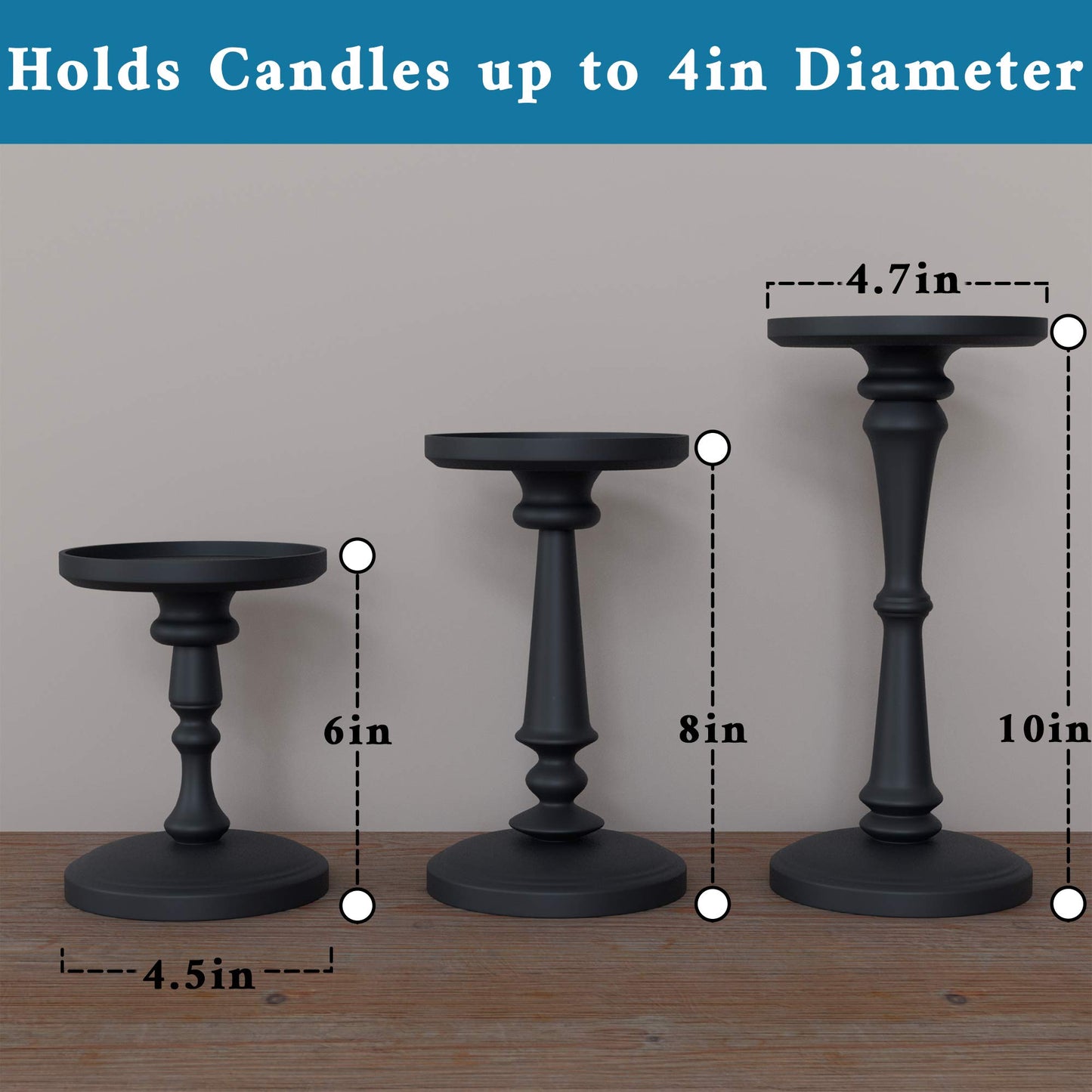 Matte Black Candle Holders Set of 3 - Metal Candle Holders for Pillar Candles & LED Flameless Candles - 6, 8 & 10 Inch Tall - Decorative for Table, Fireplace & More - Pillar Candles Holders Sets of 3