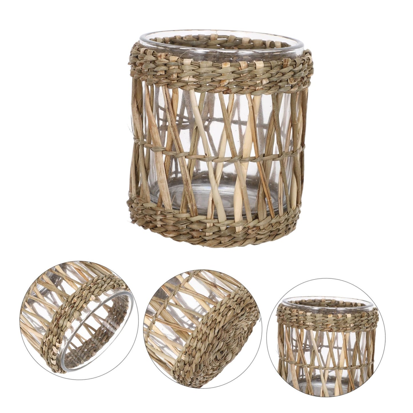 INOOMP Glass Candle Holder with Straw Woven Sleeve, Elegant Tea Light Candleholders for Desktop and Banquets, Aromatherapy and Home Decor, Party and Wedding Table Centerpiece