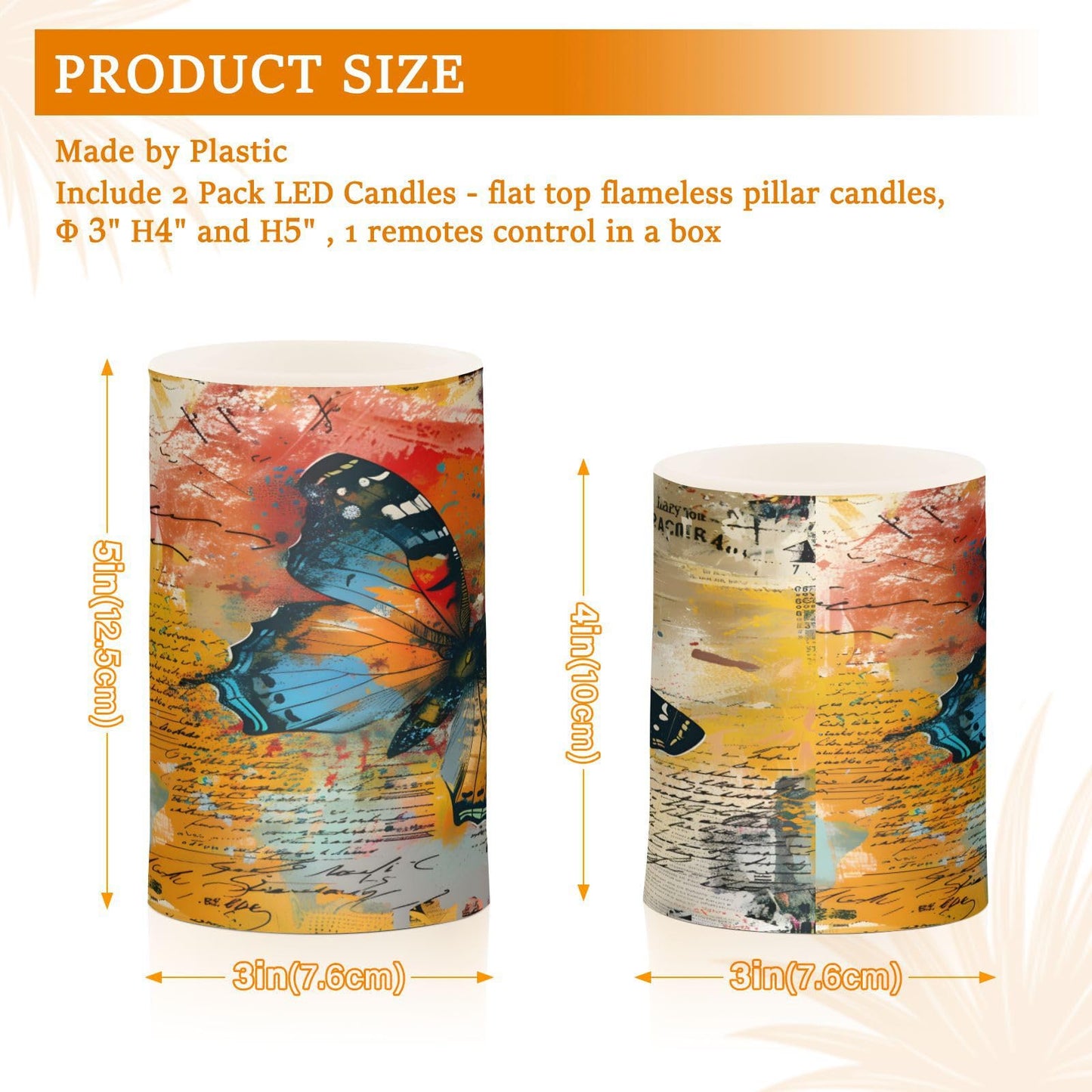 ALAZA Handwriting Butterfly Flameless Candles, LED Pillar Candles with Remote Timer, Battery Operated Candles Set of 2