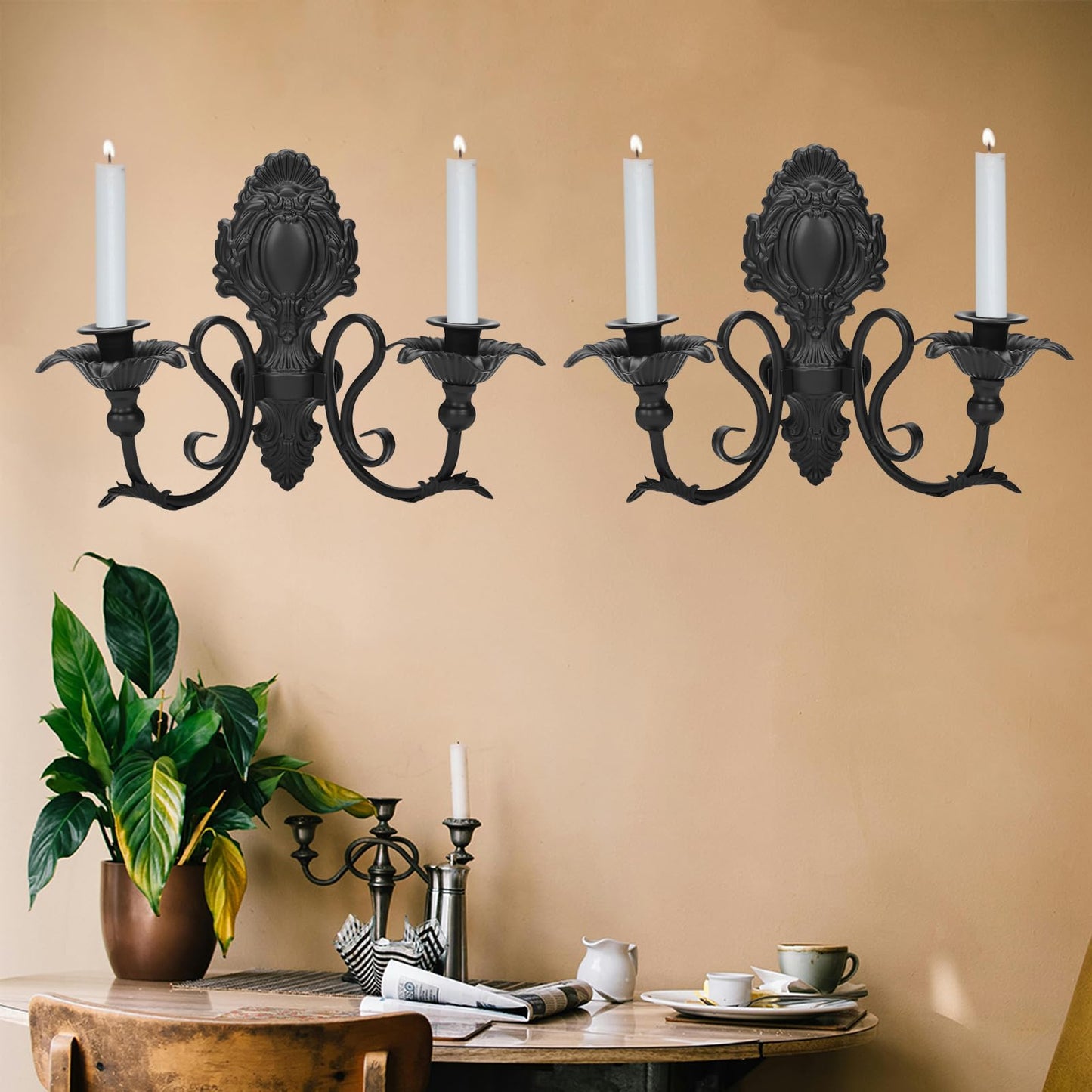 jxgzyy Candle Sconces Set of 2 Wall Candle Holder Metal Candle Sconces Vintage Wall Mount Candle Holder for Living Room, Dining Room, Farmhouse, Fireplace, Wedding (Black 1)