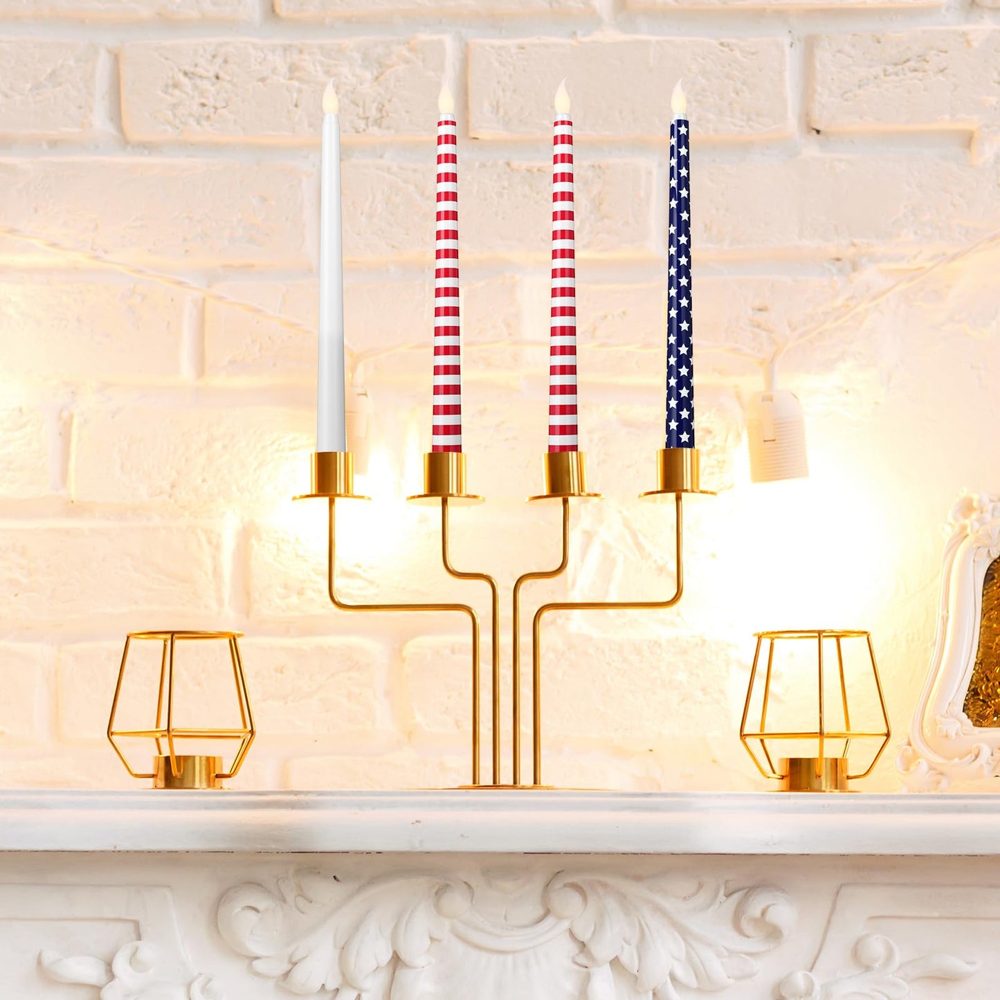 Kittmip 6 Pcs 4th of July Patriotic Flameless Taper Candles 11'' Red White Blue Battery Operated LED American Flag Stars Candles Real Wax Table Centerpiece for Independence Day Party Decor