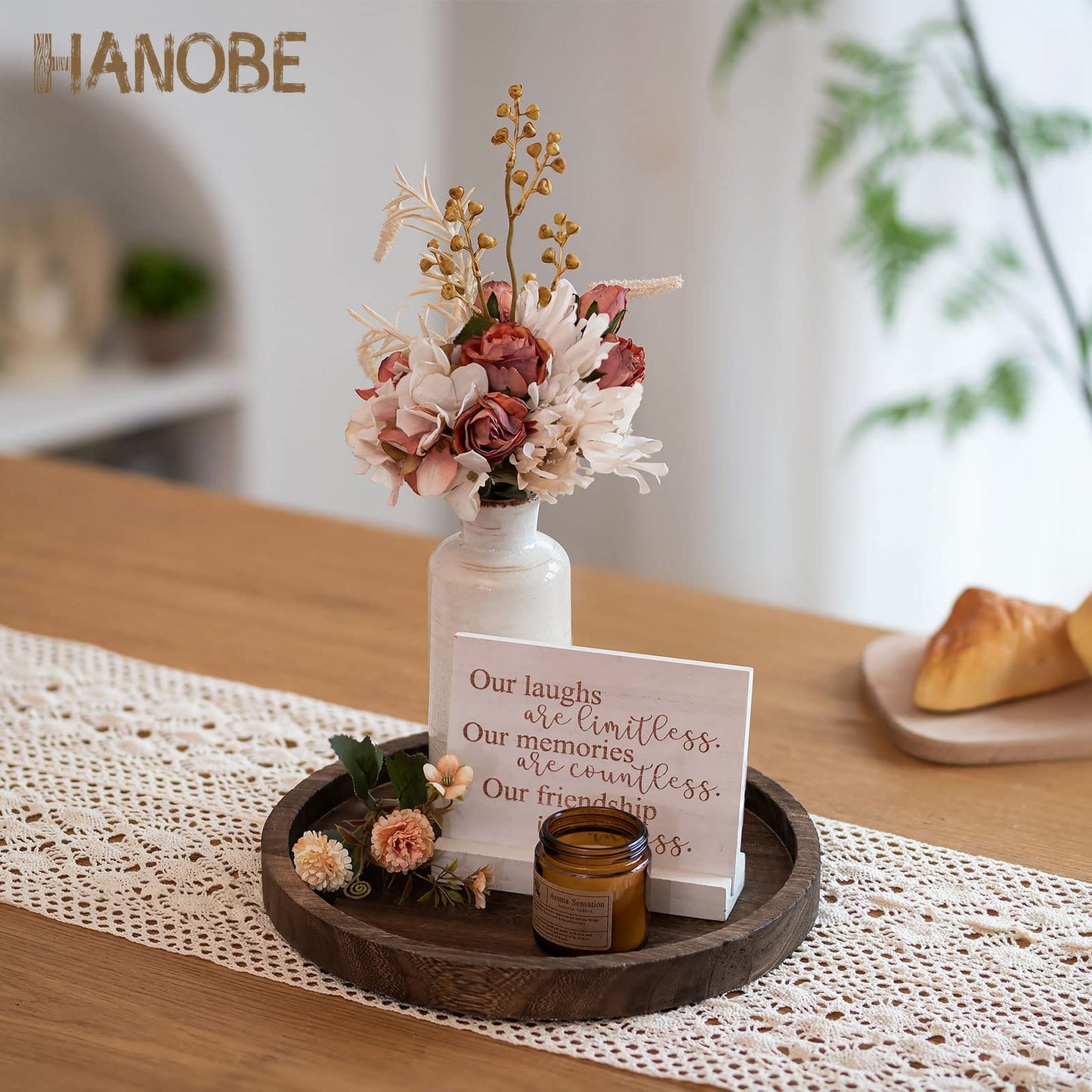Hanobe Round Wood Candle Trays: Rustic Candlestick Holder Tray Pillar Stand for Table Centerpiece - Farmhouse Coffee Table Decor for Living Room Kitchen Counter