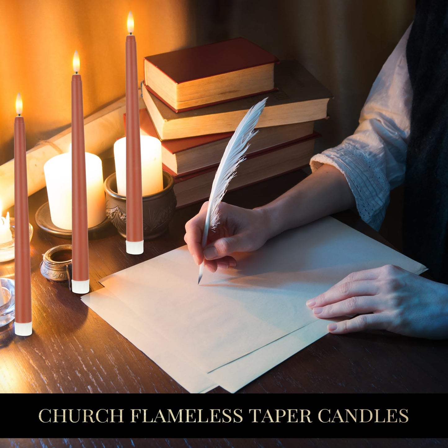 Macarrie 24 Packs Flameless Taper Candles Battery Operated Fake 11 Inch Long Candlelight LED Flameless Candlesticks Flickering Tapered for Spring Summer Wedding(Brown)