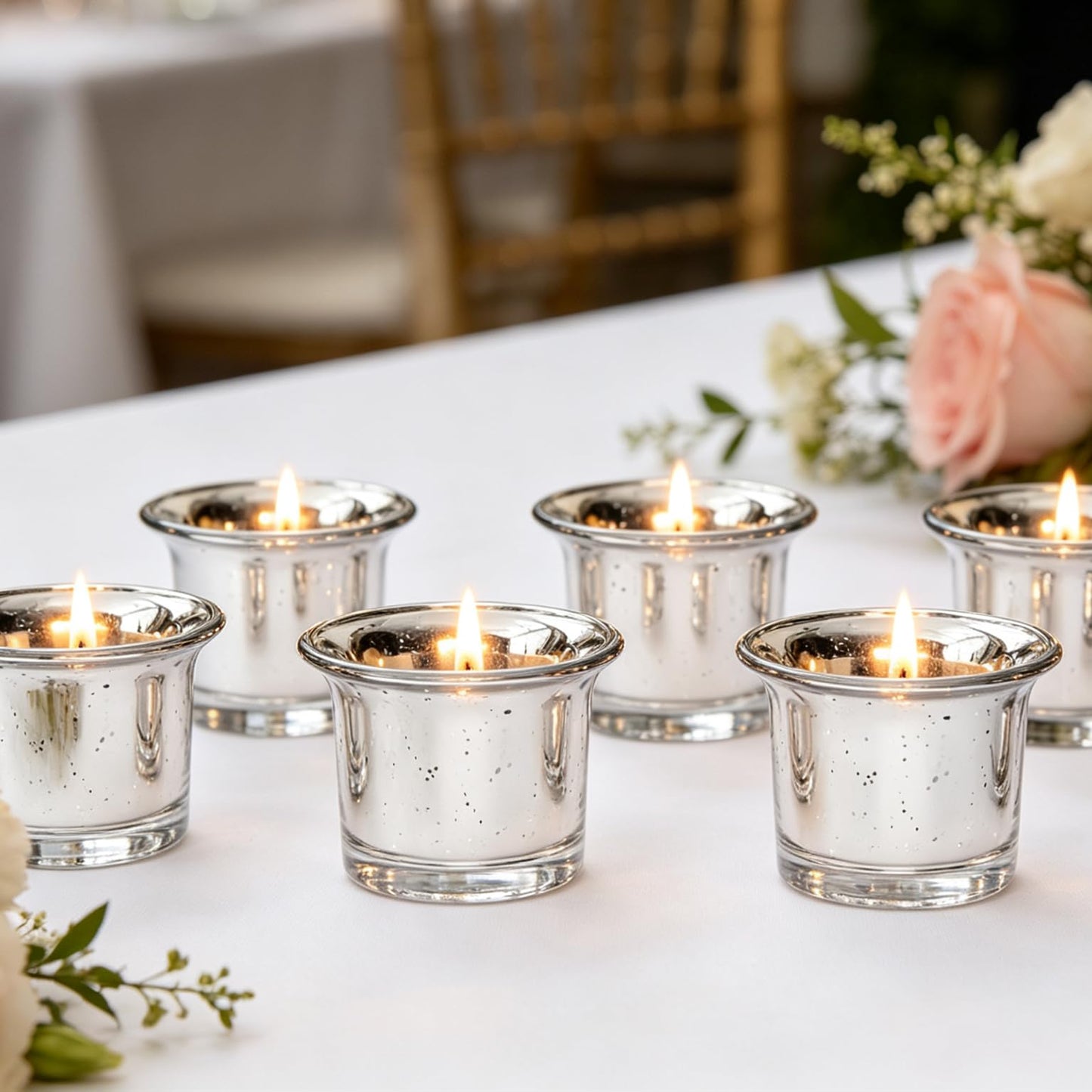 Hosley Set of 24 Metallic/Antique Finish Glass Candle Tealight Holders. Ideal Gift for Wedding Bridal Party Reiki LED Votive Tea Light Gardens O4 (Antique Silver)