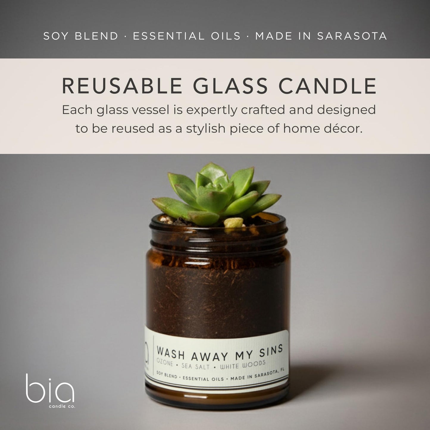 Bia Candle Co. Wash Away My Sins Candle, Sea Salt Lily of the Valley Soy Candle, Moss Ozone, Perfume-Inspired, Hand Poured USA, High Fragrance Load, Lead-Free Wick, Reusable Glass Jar, 7 oz