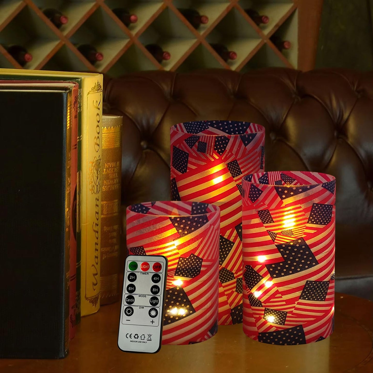 NJAO HOO Flickering Flameless Candles, LED Candles 3D Wick Acrylic Battery Operated LED Pillar Candles with Remote and Timer for Day 4th of July Decor Set of 3(American Flag)