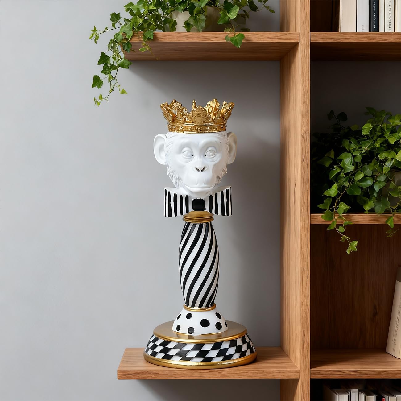 Crowned Animal Candlestick Holder Black & White Checkerboard Taper Candle Holder with Gold Accents Eclectic Resin Statue for Modern Home Decor, Table Centerpiece