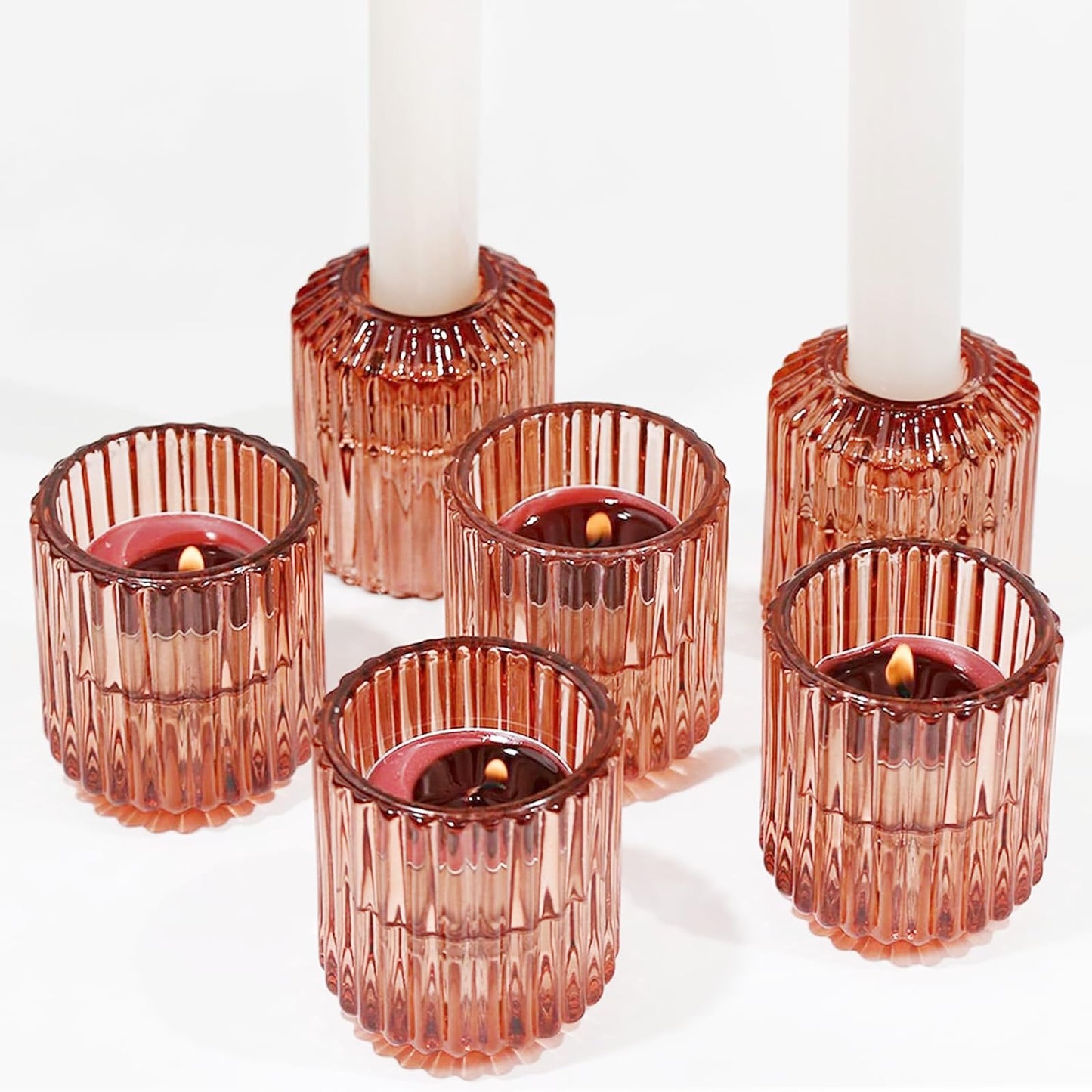 CHOCSTAY Reversible Rde Glass Candle Holder Set of 6, Thick Heat-Resistant Glass Candlestick Holders for Taper, Tealight, Votive, LED Candles, Perfect for Wedding, Party, Home Décor