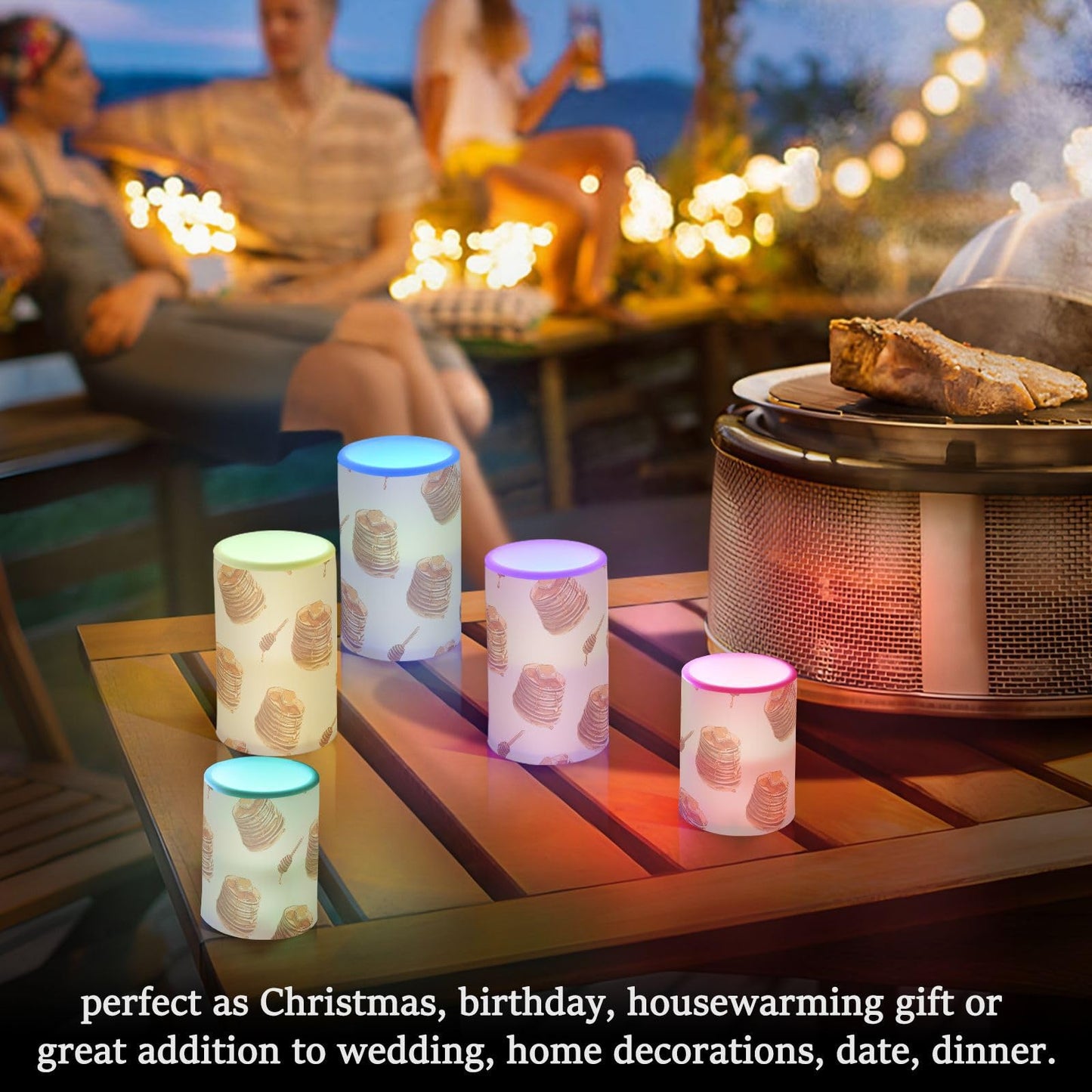 Pigsaly Flameless Candles Battery Operated Cute Cake Pancakes Honey Flickering Led Pillar Candles with Remote Control Colour Changing Warm Light Candles for Halloween Christmas Wedding