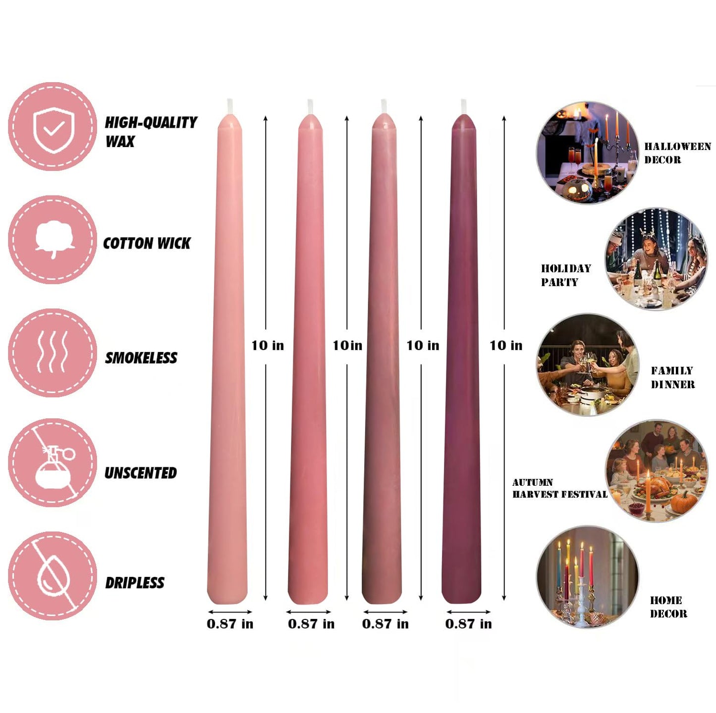12-Pack Gradient Dusty Rose Taper Candles, 10 Inch Unscented Dripless Candlesticks, Long-Lasting Burn Time of 7-8 Hours, Perfect for Dinners Parties and Home Décor