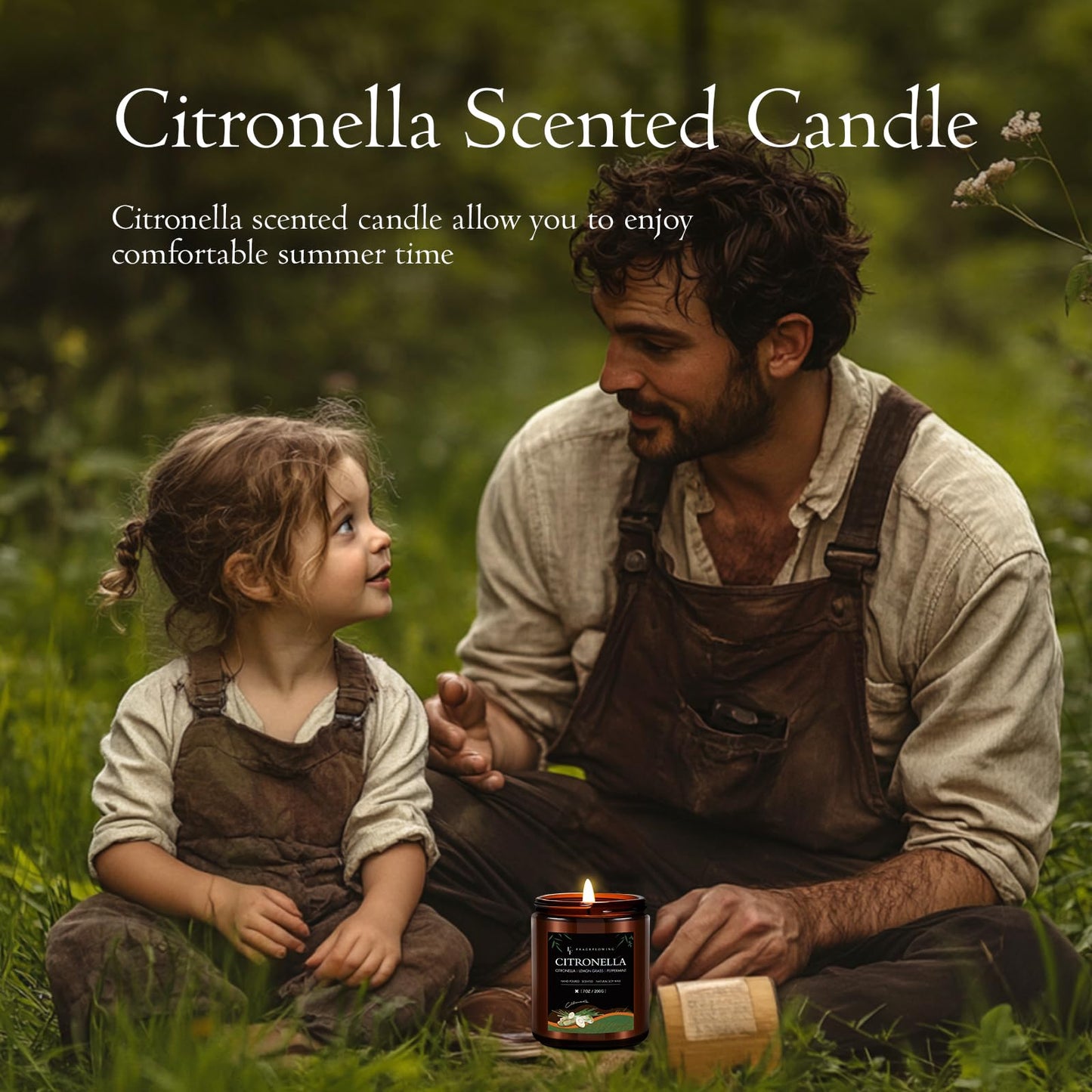 Citronella Candle, Indoor Outdoor Lemongrass Scented Candle,Natural Soy Wax Jar Candle, 50-Hour Burn Time, 7 oz