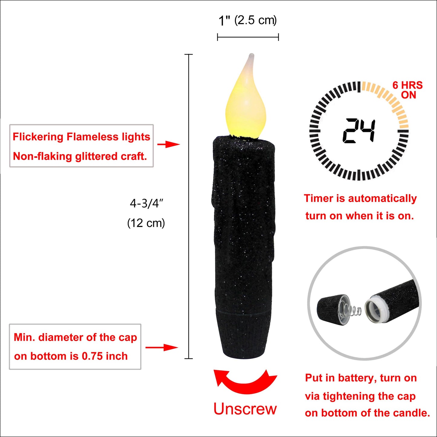 CVHOMEDECO. Glitter Flameless Candles Flickering Battery Operated LED Taper Candles with Timer for Home, Wedding, Halloween, Christmas Decor. Black, 4-3/4 Inch, Set of 3