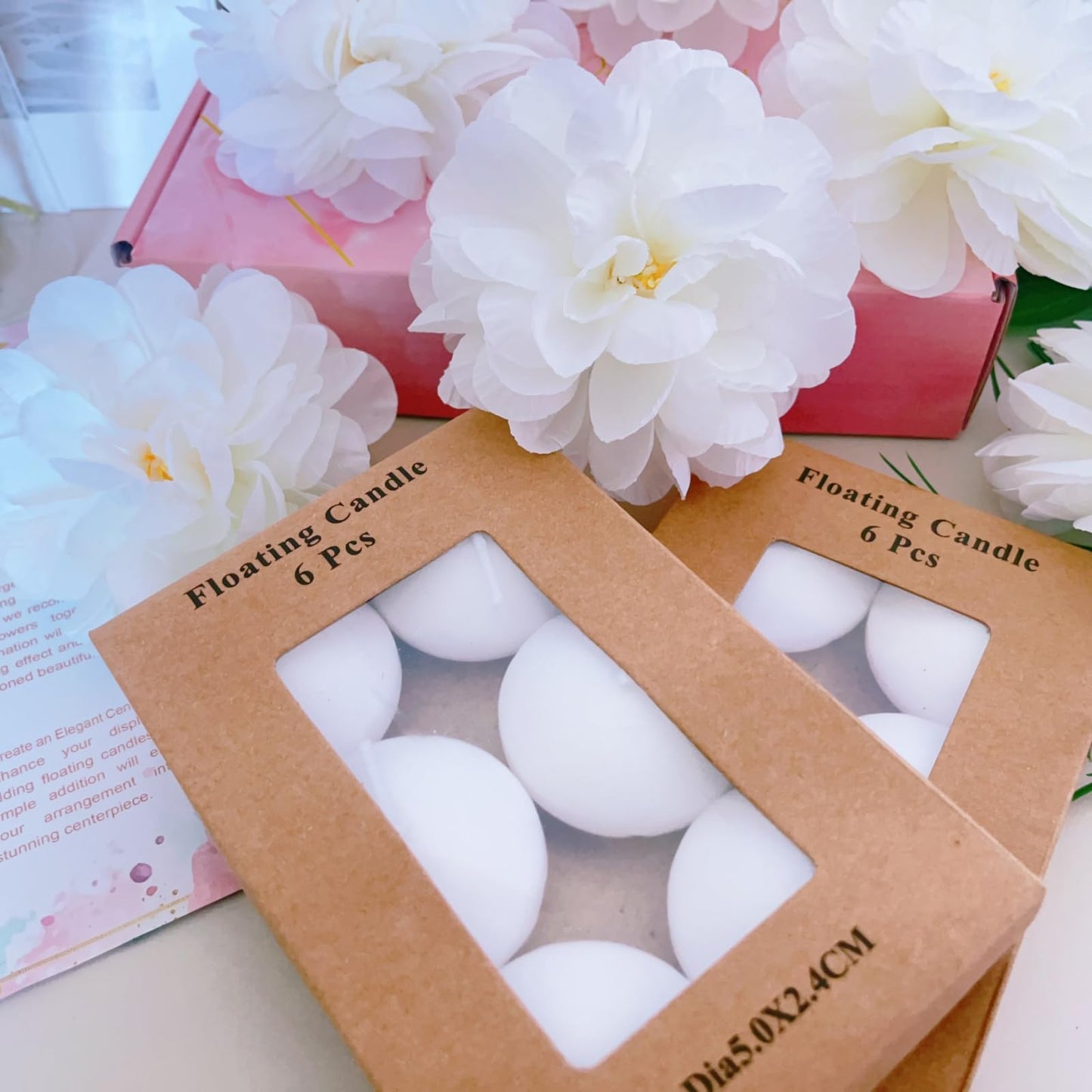 ZJGXH 24 Pcs Floating Candles for Centerpieces and Floating Flowers Vase Fillers for Centerpieces White Artificial Flowers for Wedding Table Party Home Decoration