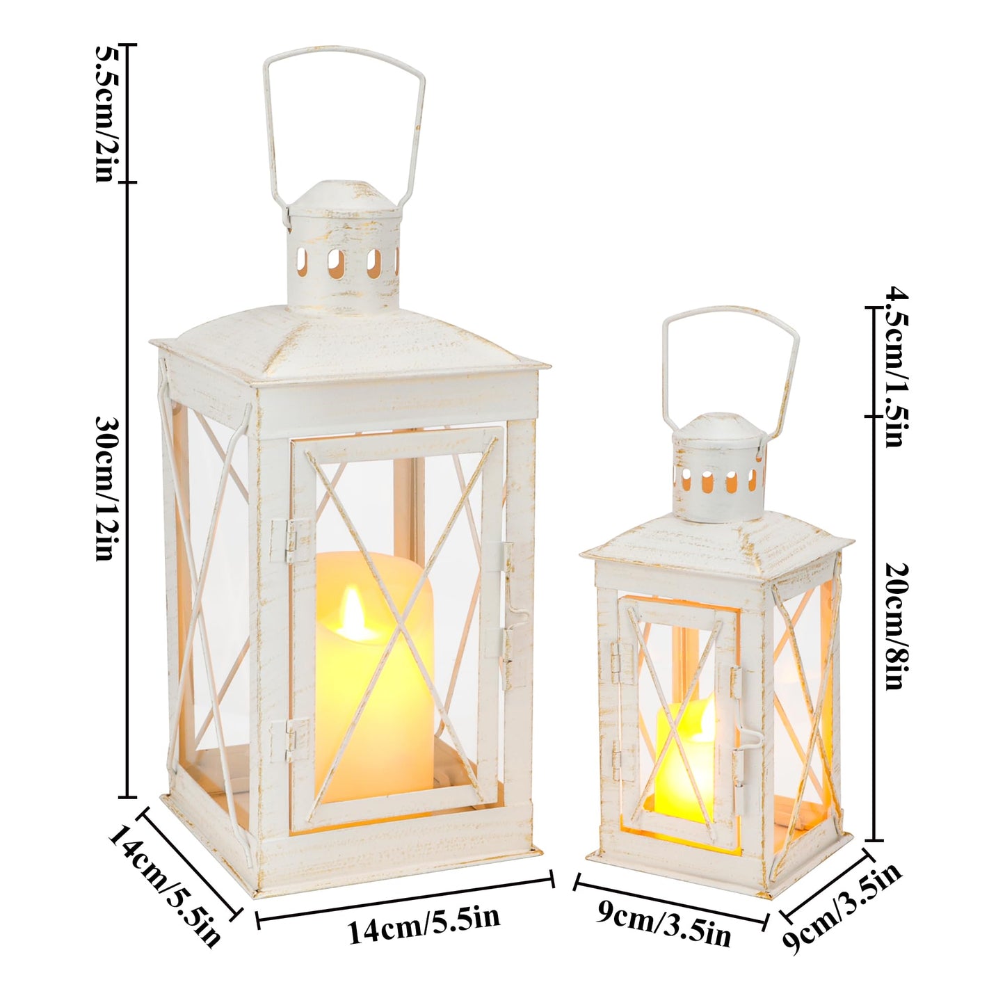 TRIROCKS Set of 2 Decorative Candle Lantern 12'' & 8'' High Metal Candle Holder Hanging Lantern Perfect for Home Decor Patio Living Room Parties Events Tabletop Indoors Outdoors (White)