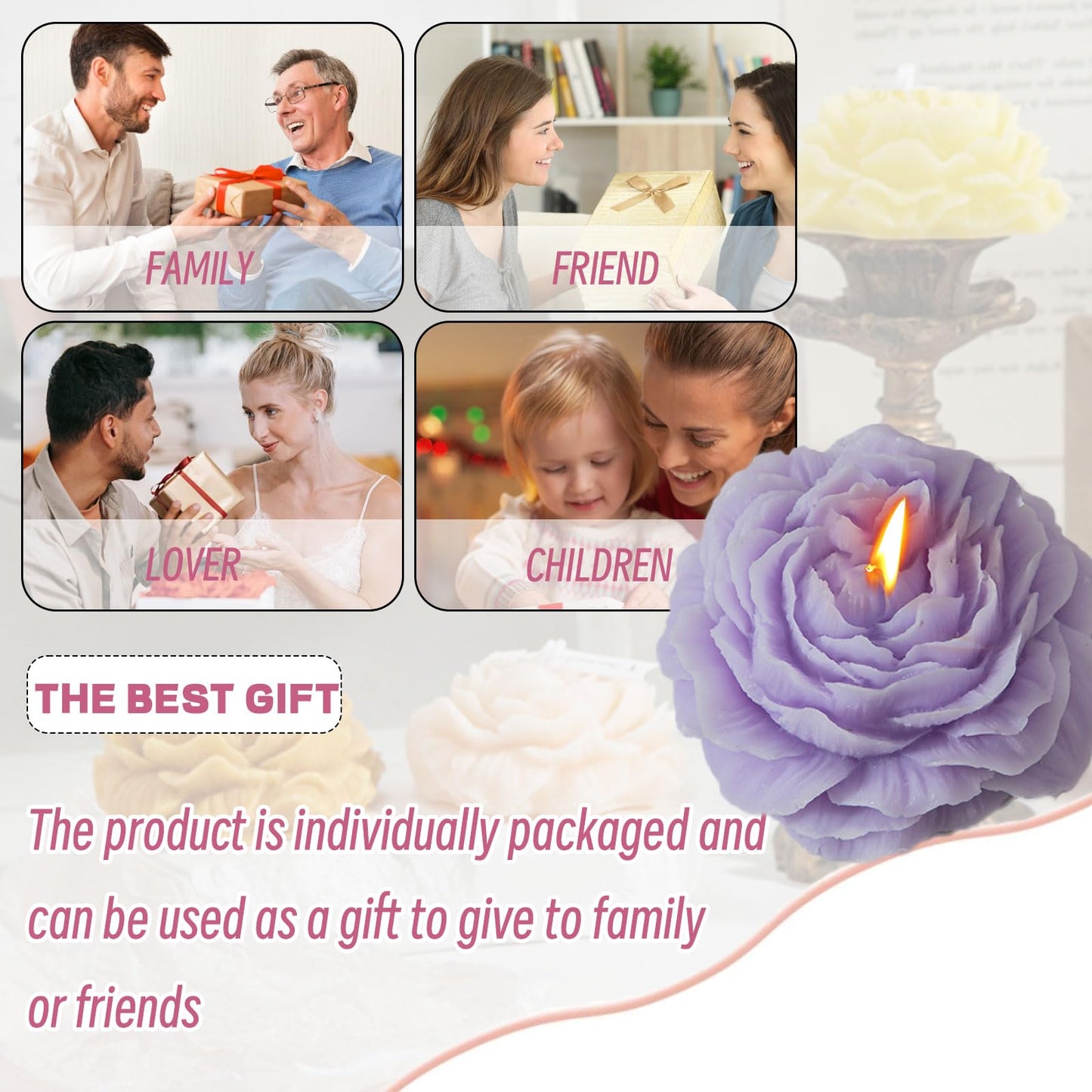 Peony Flower Shape Candles 1 Pack Soy Wax Decorative Candle for Bedroom Home Scented Candle Gift to Friends Family (Purple)