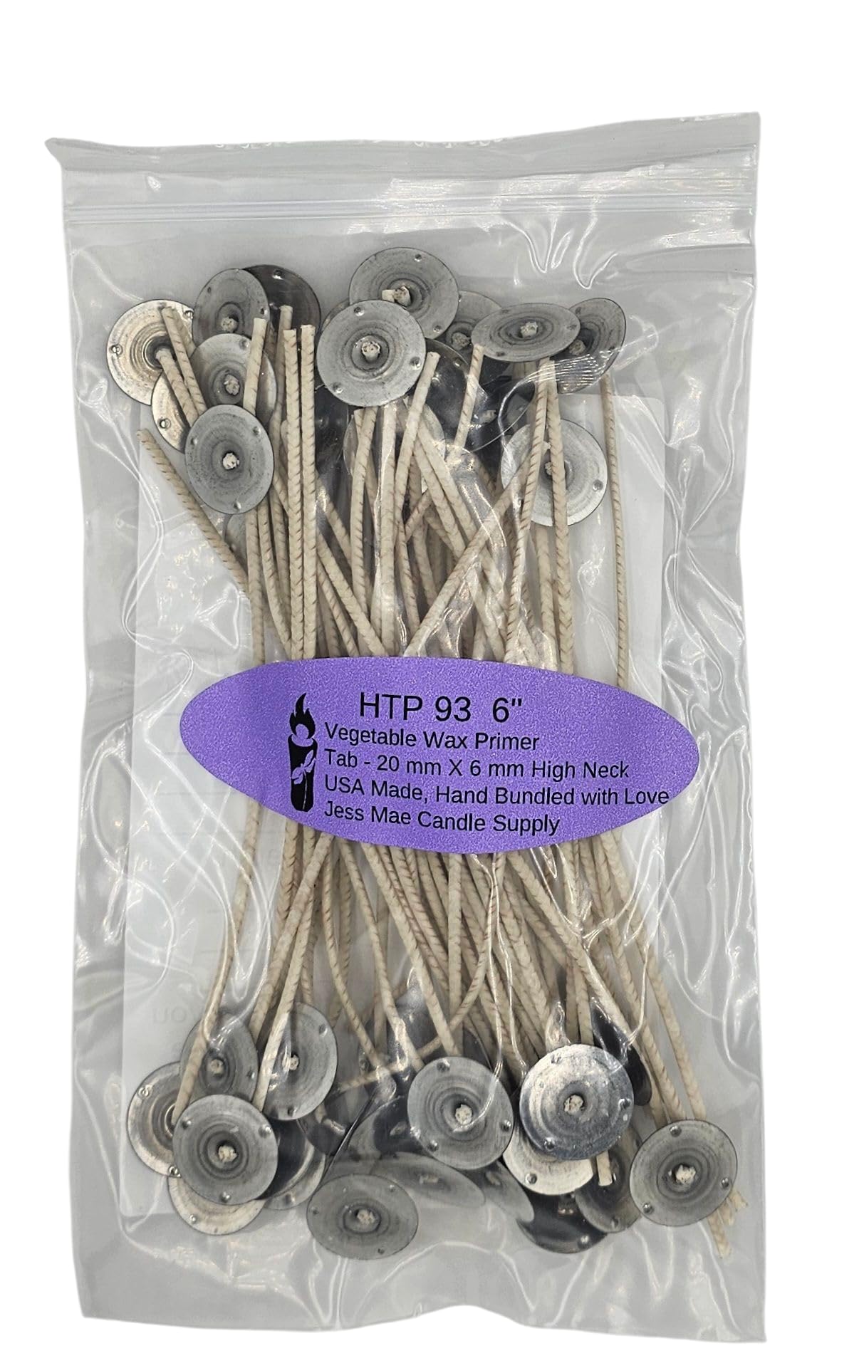 50 Pack - Jess Mae HTP 93 Small Candle Wicks 6" Custom Assemblies - Tabbed & Pre-Waxed with Vegetable Wax - DIY Candle Making Supplies - Great for Soy, Paraffin, Beeswax & Gel Candles
