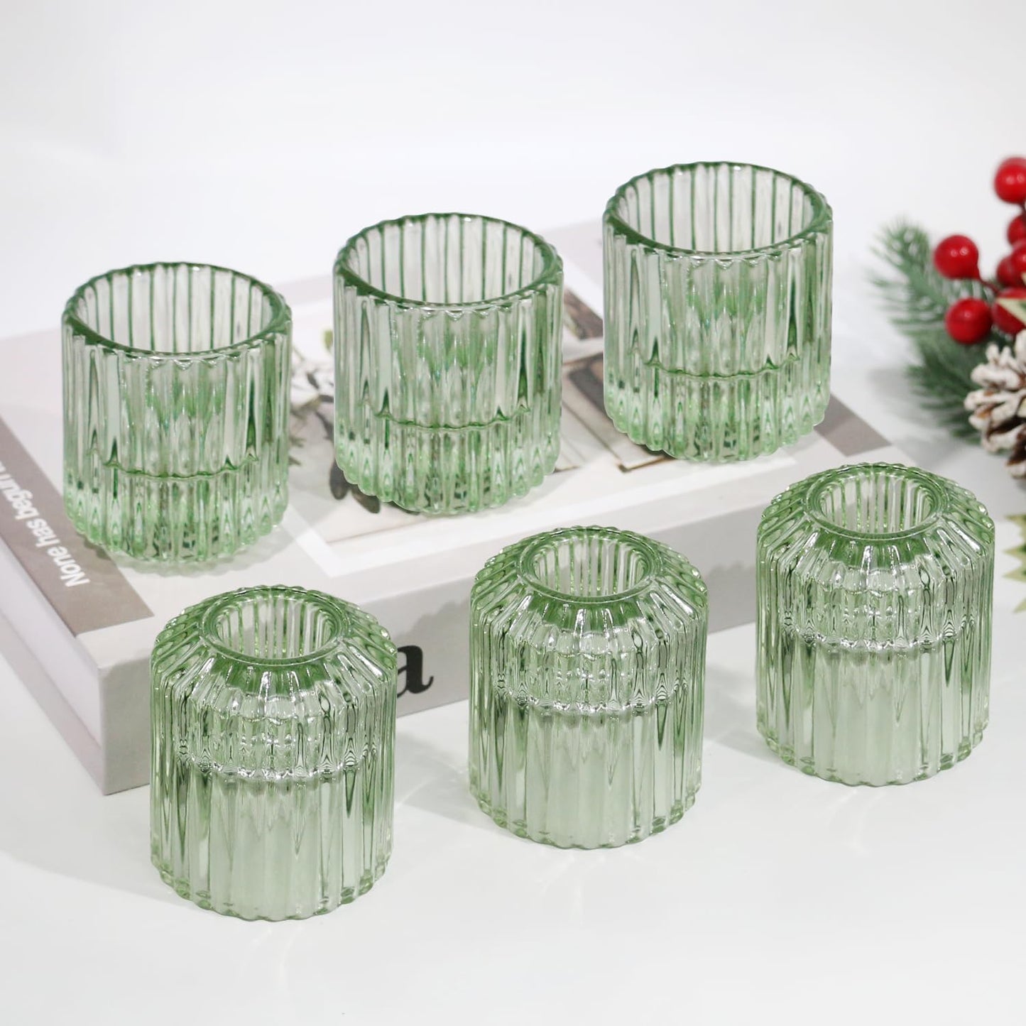 CHOCSTAY Reversible Green Glass Candle Holder Set of 6, Thick Heat-Resistant Glass Candlestick Holders for Taper, Tealight, Votive, LED Candles, Perfect for Wedding, Party, Home Décor