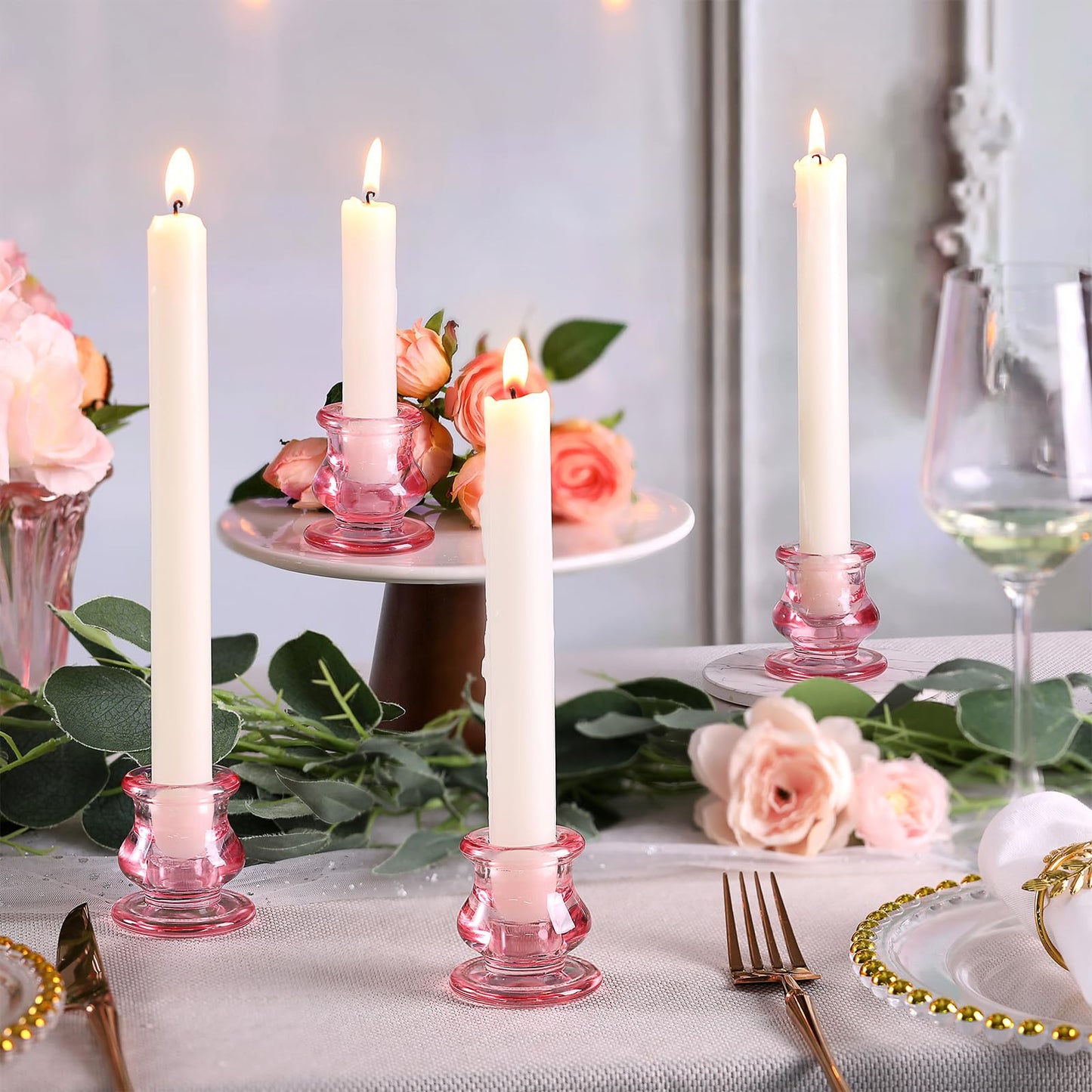 NITIME 12pcs Pink Candlestick Holders, Pink Glass Candle Holders for Pillar Candles, Taper Candle and Tealight Candles, Taper Candle Holders for Wedding, Table Centerpiece
