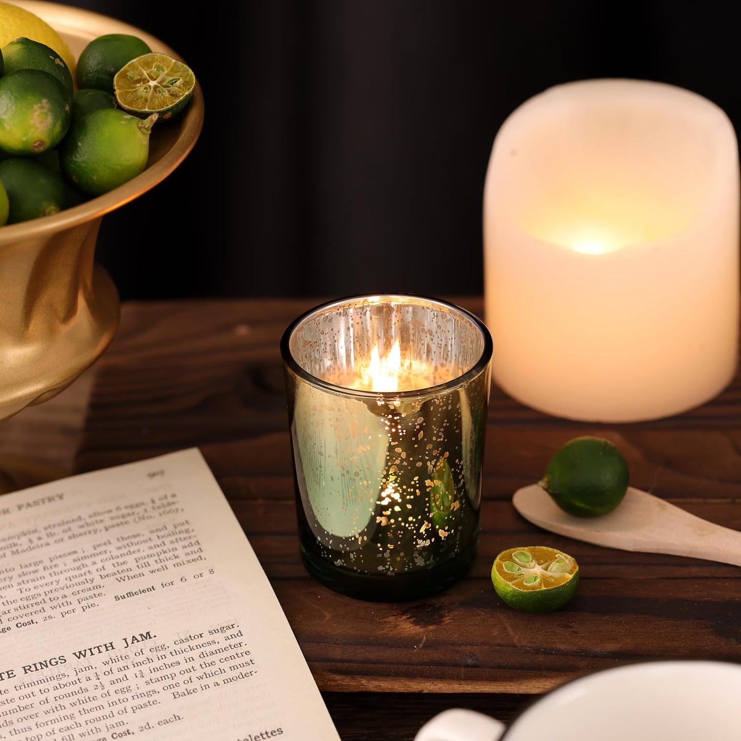 Volens Green Votive Candle Holders Set of 12, Speckles Mercury Glass Tealight Candle Holder Bulk for Table Wedding Centerpiece, Green and Gold Party Decorations & Home Decor