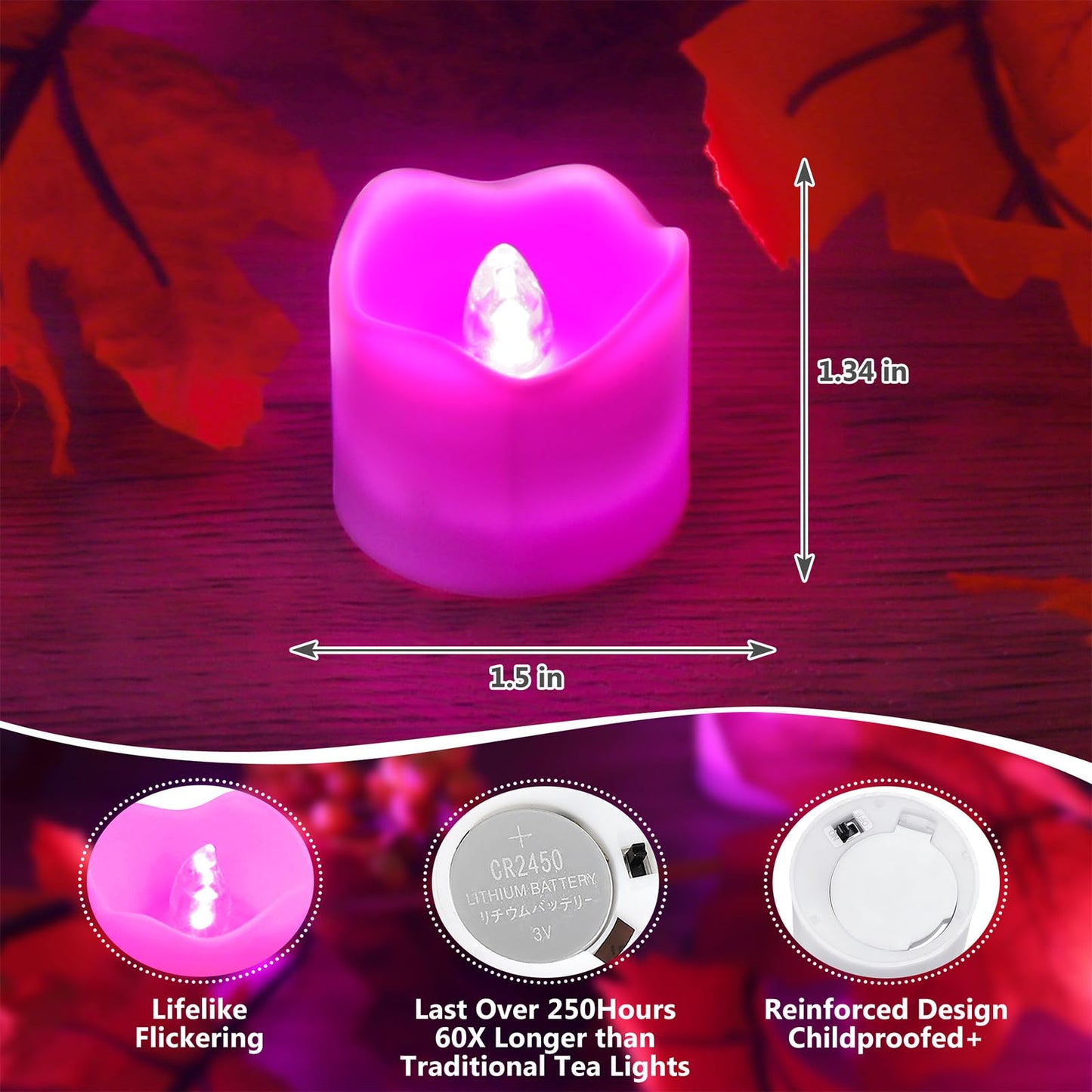 Topstone Remote Control Flameless LED Votive Candles with Timer, CR2450 Battery Powered, Electric Tea Lights for Seasonal and Festival Decoration, Pink Light, 12 pcs