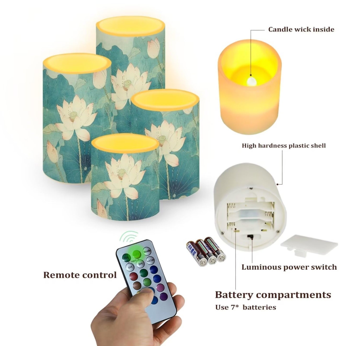 Cozeyat White Lotus Flameless Candles 4 Pack Battery Operated LED Pillar Candles with Remote Control Timer Color Changing Waterproof for Wedding Birthday Home