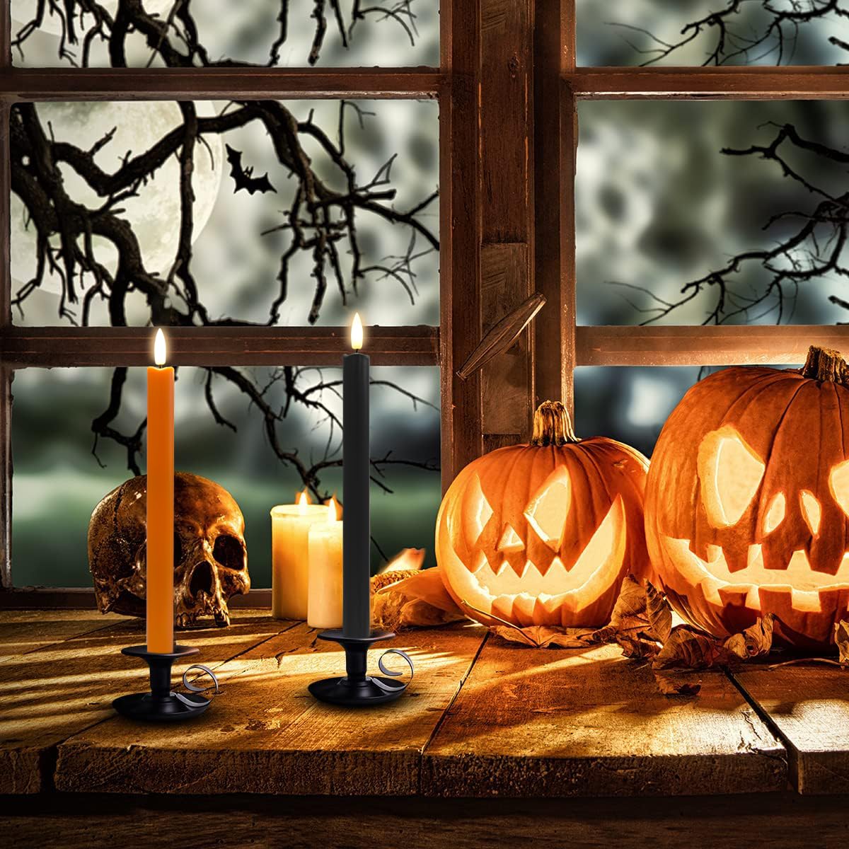 Stmarry Orange and Black Flameless Taper Candles with Remote - 10 Inch LED Candlesticks Flickering, Realistic 3D Flame with Wick, Warm White Light, Home Halloween Decor, Timer - Set of 6