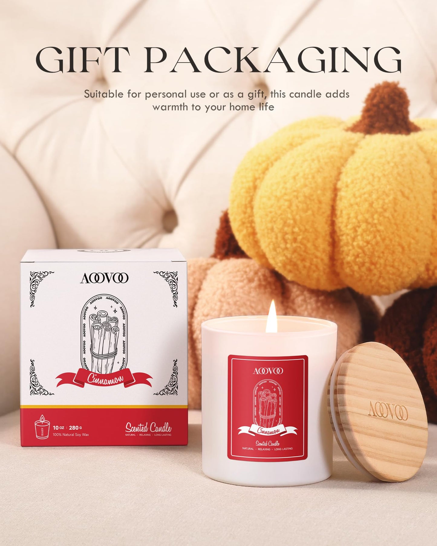 AOOVOO Cinnamon Scented Candles for Women - Aromatherapy Candle with Crystals Inside, 10oz Soy Candles for Home Scented, Birthday Gifts Valentines Day Candle for Women Mom