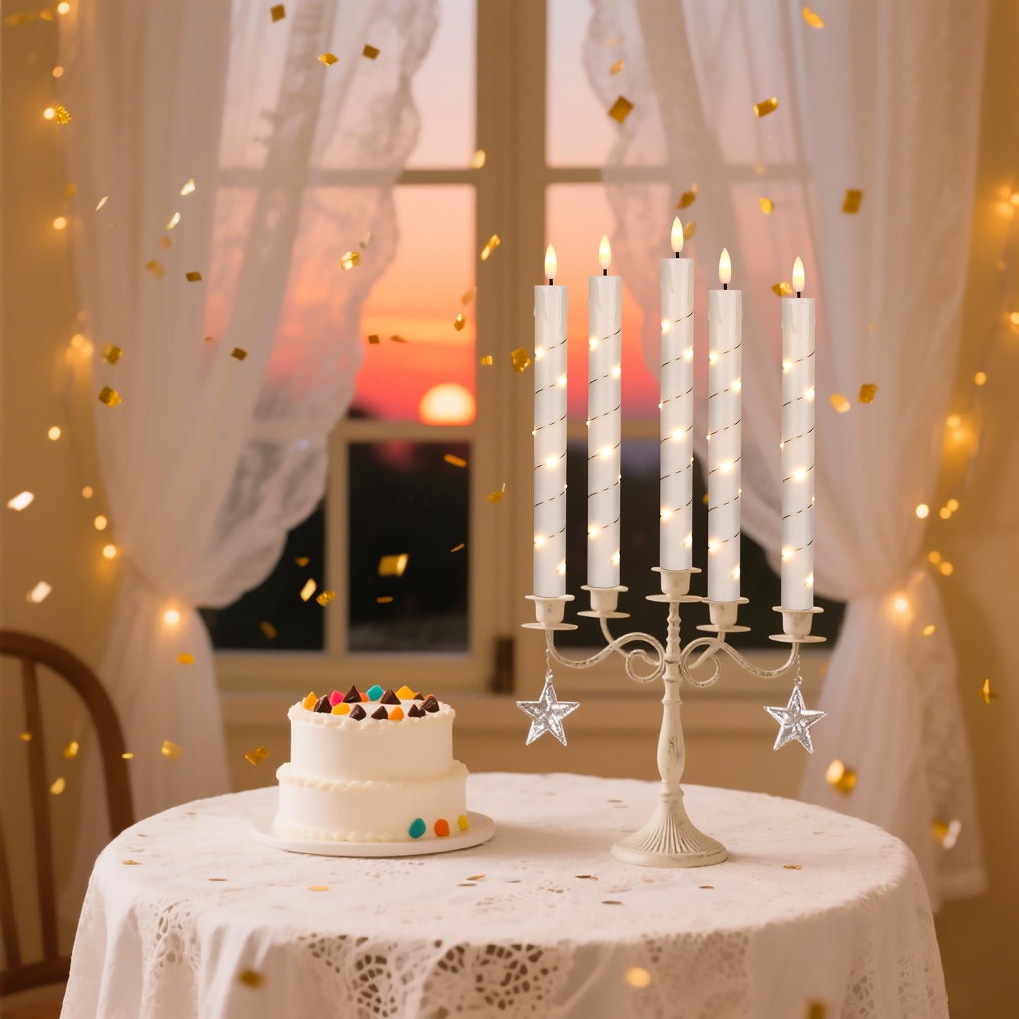 Flameless Taper Candles with Remote for Wedding Decorations๏ผ3D Flickering Flame Battery Operated LED Plastic Candles Arounded with Starlight String, Romantic Home Decoration, Pack of 6, White