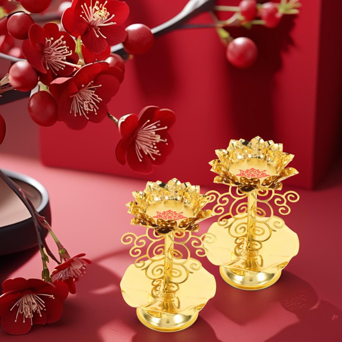 SUPVOX 2pcs 4.5-Size Metallic Lotus Candle Holder Buddhist Butter Lamp Base Decorative Candlestick for Home Temple Lighting
