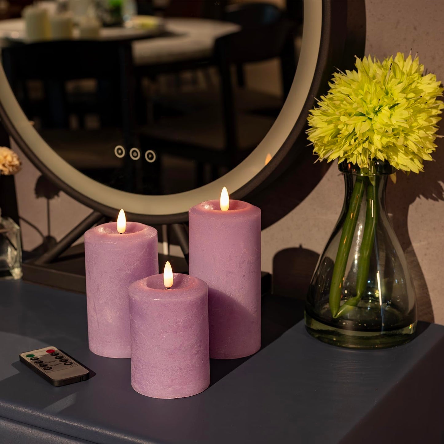 ANGELLOONG Purple LED Candle with Timer, Real Wax Flameless Pillar Candles with Remote, Set of 3 Flickering Electric Battery Operated Candles for Home Decor Halloween Christmas Decoration