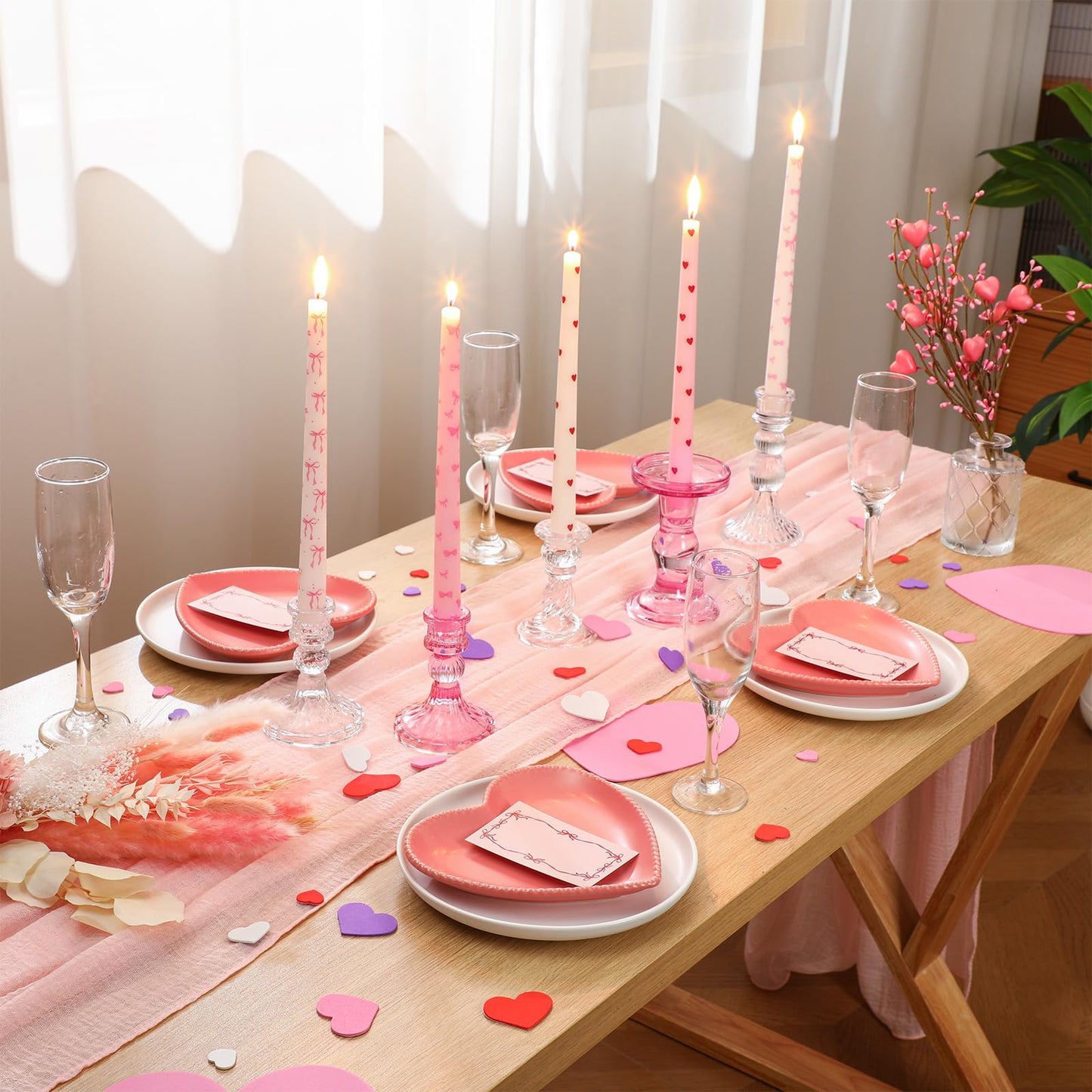 Bokon 10 Pcs Valentines Day Taper Candles with Candlestick Holders Pink Bow Heart Coquette Taper Candles Galentines Party Decor for Valentine's Day Girlfriends' Weddings Anniversaries Birthday