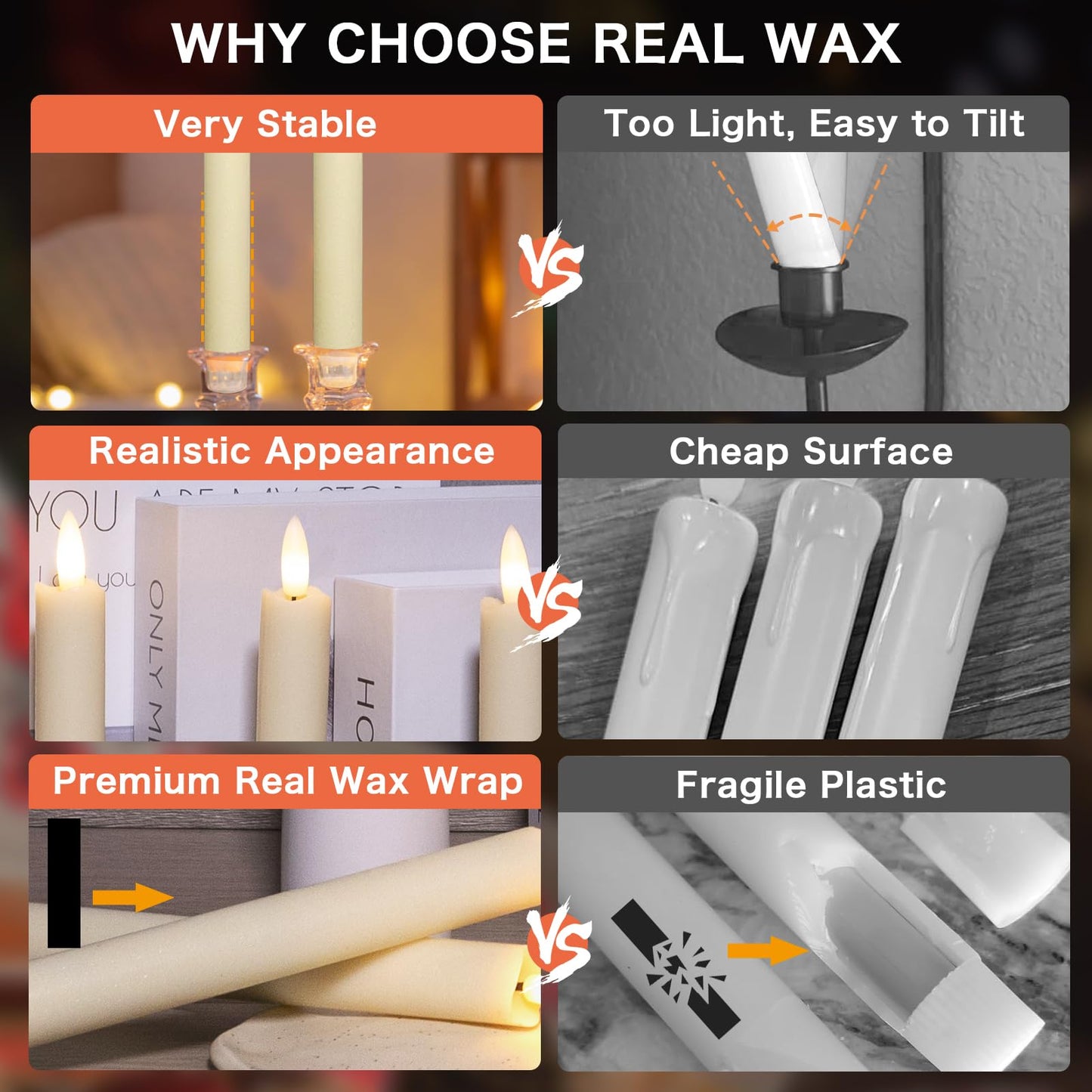 KSWING 2 PCS Upgraded Real Wax LED Flameless Taper Candles with Remote, White Candlesticks Battery Operated Flickering - 9.6” Long Realistic Fake Candle Sticks for Home/Wedding/Fireplace Xmas Decor