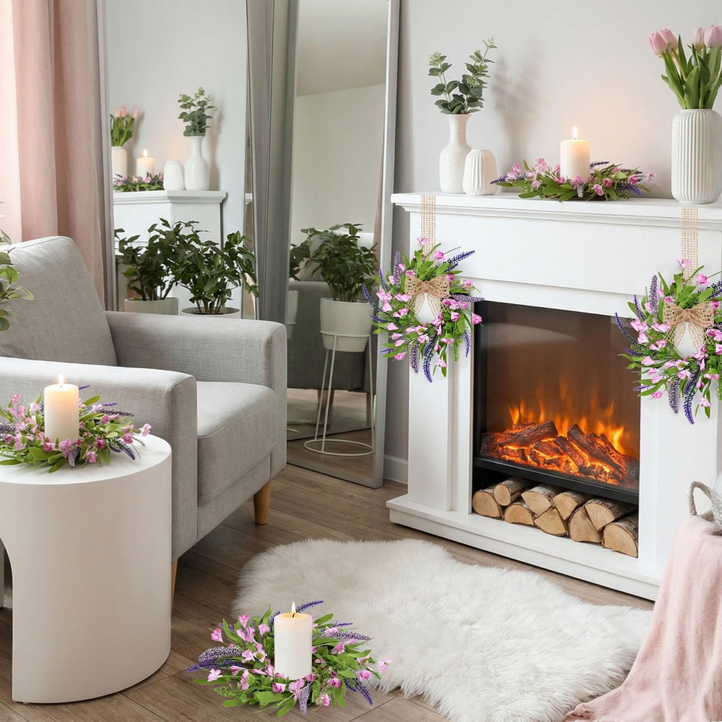 6 PCS Spring Summer Artificial Flowered Wreath Candle Rings Forsythia Lavender Candle Rings Pillar Holder Wreath Mini Floral Candle Rings Wreaths Kitchen Cabinet Swags for Wedding Home Tabletop Decor