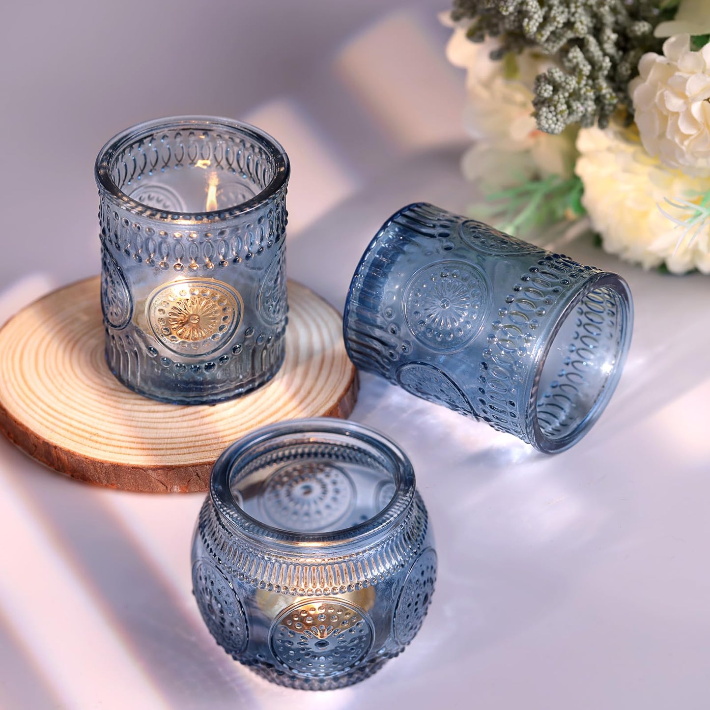 DARJEN 12Pcs Blue Votive Candle Holders - Votive Candle Holders Bulk, Glass Candle Holder for Party Decoration, Tea Lights Candle Holders for Wedding