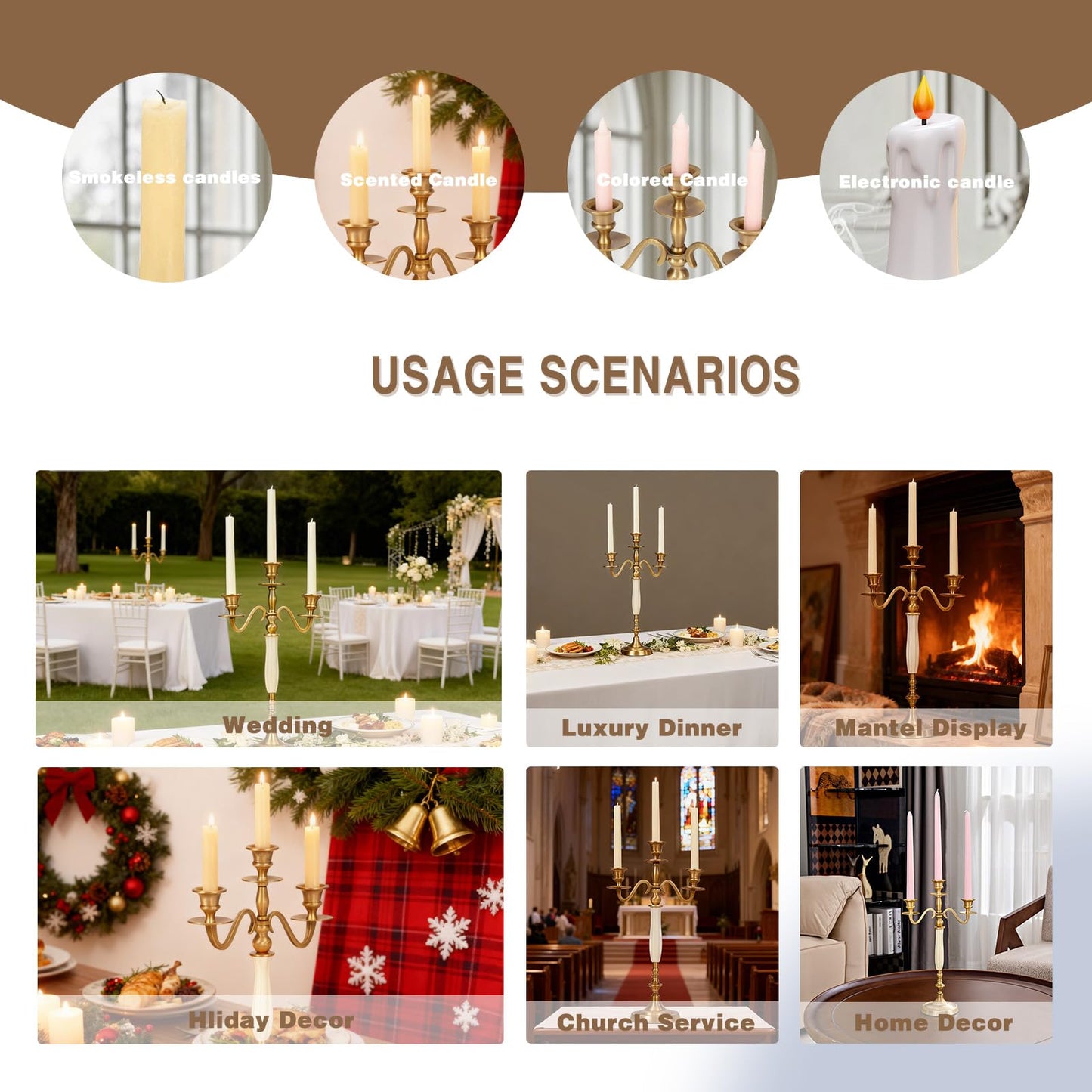 3 Arms Brass Plated Metal Candelabra Candle Stand Candlestick Holder for Wedding Dining Table Christmas Party and Indoor Home Decoration
