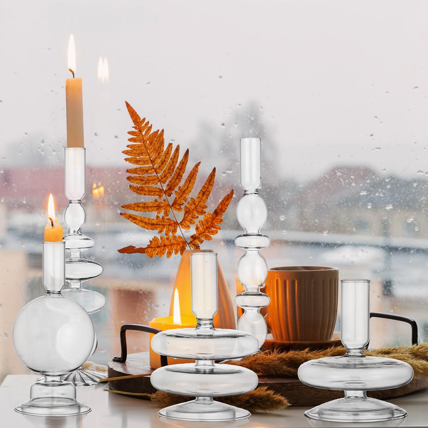 Rtteri 5 Pcs Glass Candlestick Holders Colorful Glass Taper Candle Stand Groovy Candlestick Wavy Boho Chic Clear Bases Holders Elegant Vase for Home Party Centerpiece(Clear)