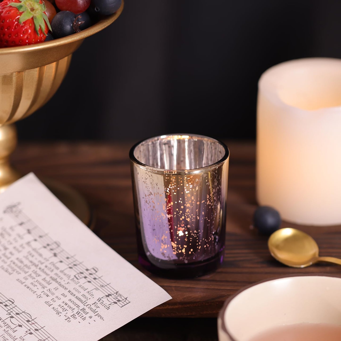 Volens Purple Votive Candle Holders Set of 12, Speckles Mercury Glass Tealight Candle Holder Bulk for Table Wedding Centerpiece, Purple and Gold Party Decorations & Home Decor