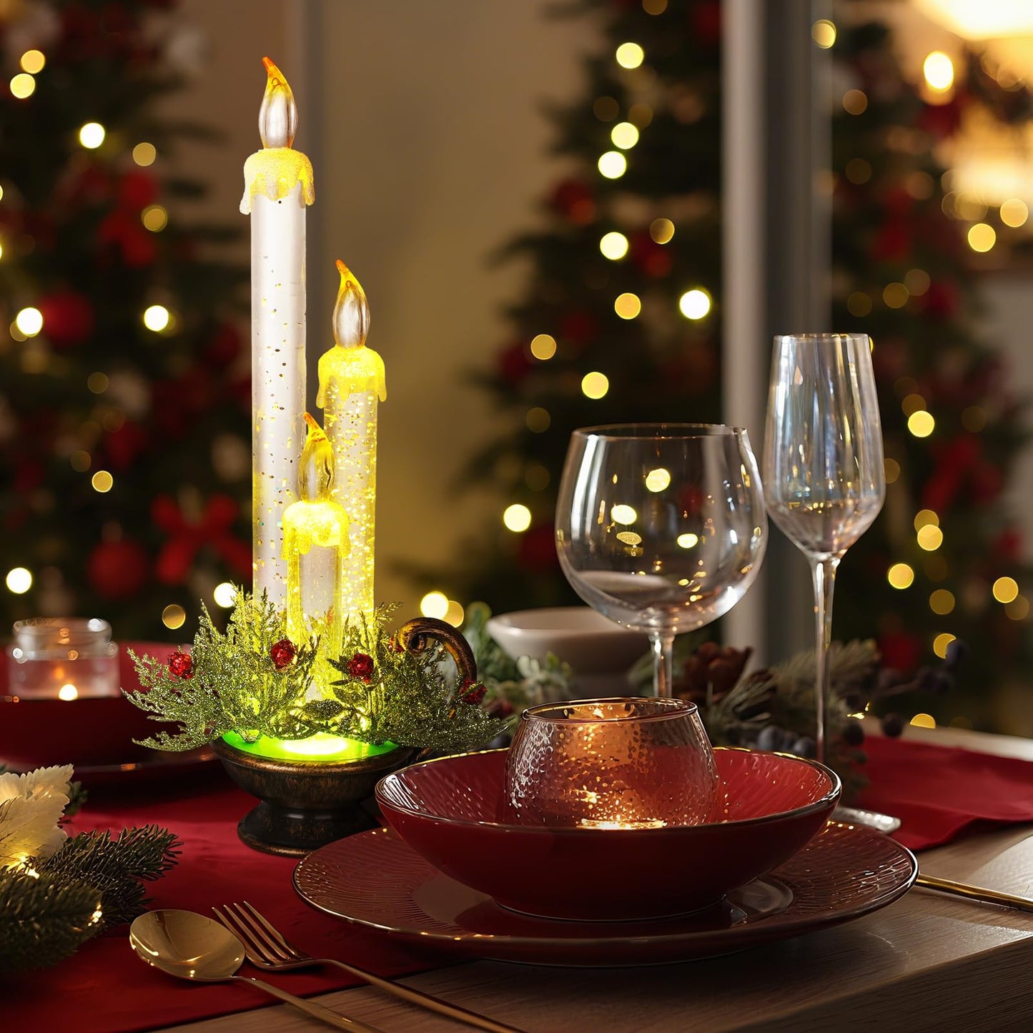 VIHOSE Christmas Snow Globe Candle Flickering Flameless Candle Christmas Lighted LED Battery Operated Glittering Snow Globe for Decorations Thanksgiving Festival Table Decor