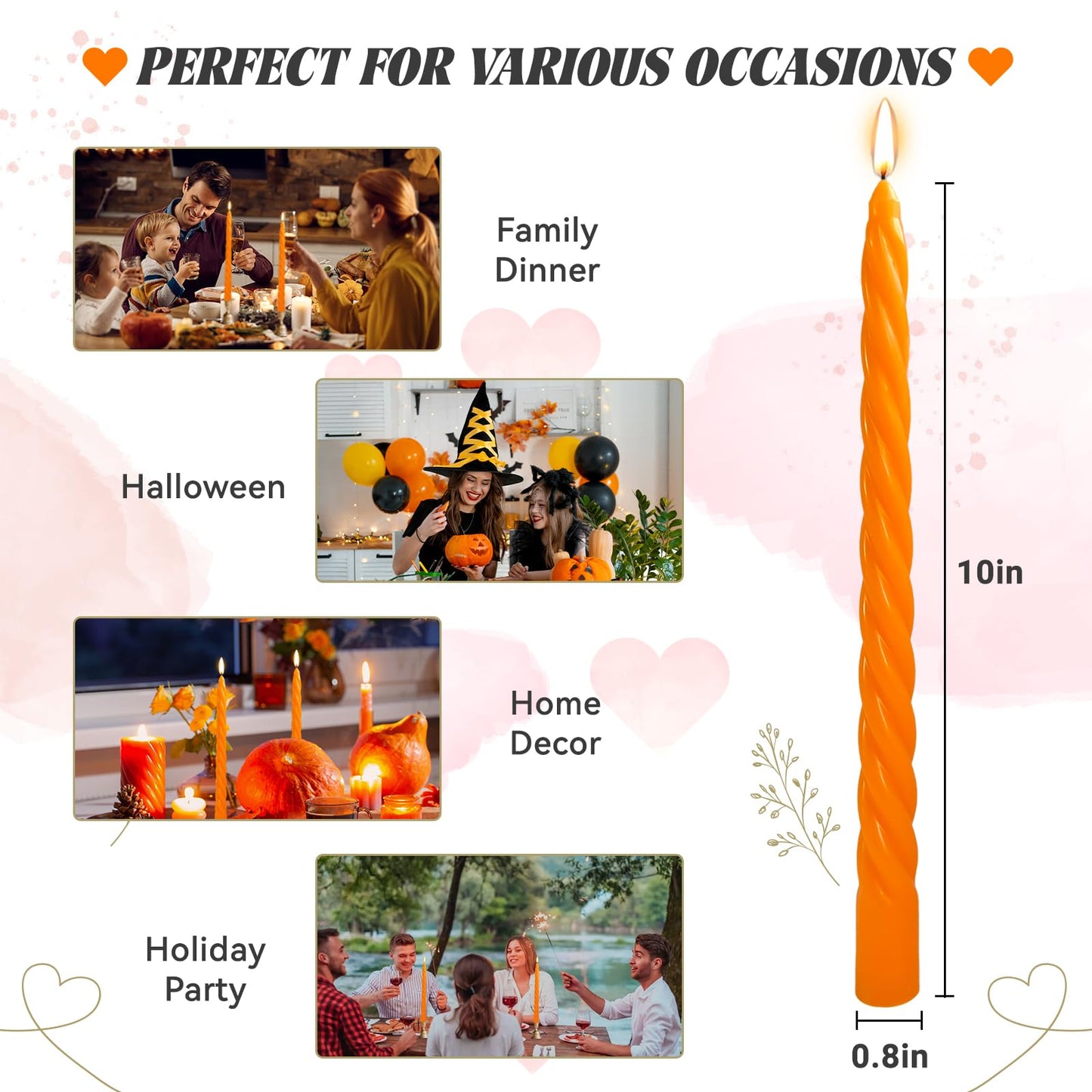 10 Inch Orange Twisted Taper Candles Set for Fall, 12 Pack Unscented Candlesticks, Dripelss Thin Tapered Candles for Halloween Harvest Thanksgiving Party Decoration
