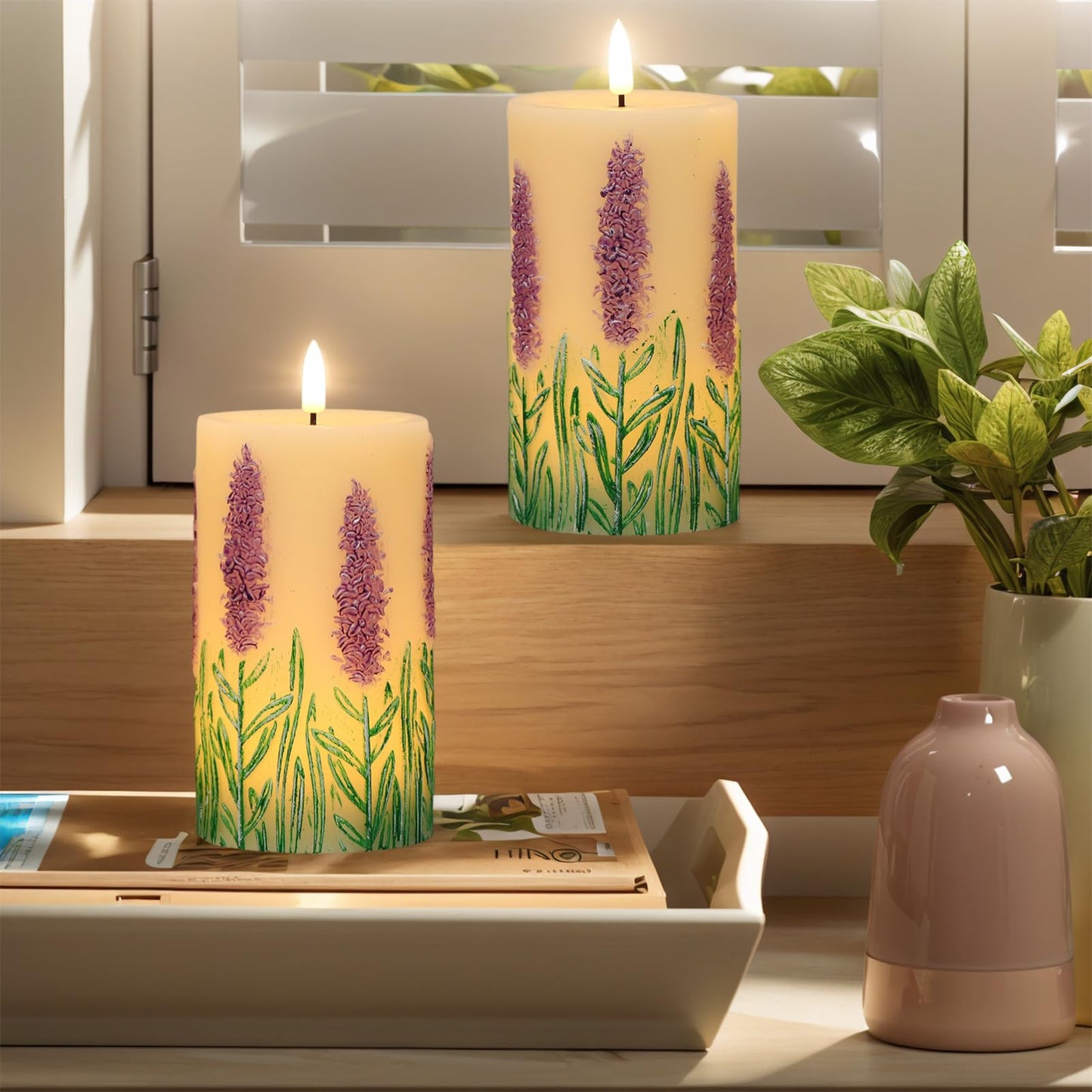 DRomance Lavender Flameless Candles Battery Operated with 6 Hour Timer 3D Wick Flickering LED Pillar Candles Real Wax Hand-Painted Dinner Christmas Holiday Decor(2 Pack, 3" D x 6.5" H)