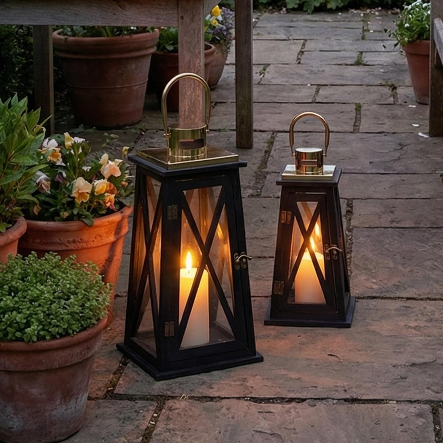 TRIROCKS Set of 2 Farmhouse Wood Candle Lantern 22'' &15.5'' H Decorative Candle Holders with Tempered Glass Rustic Hanging Lantern for Garden Patio Wedding Parties Indoor Outdoor(Black Trapezoid)