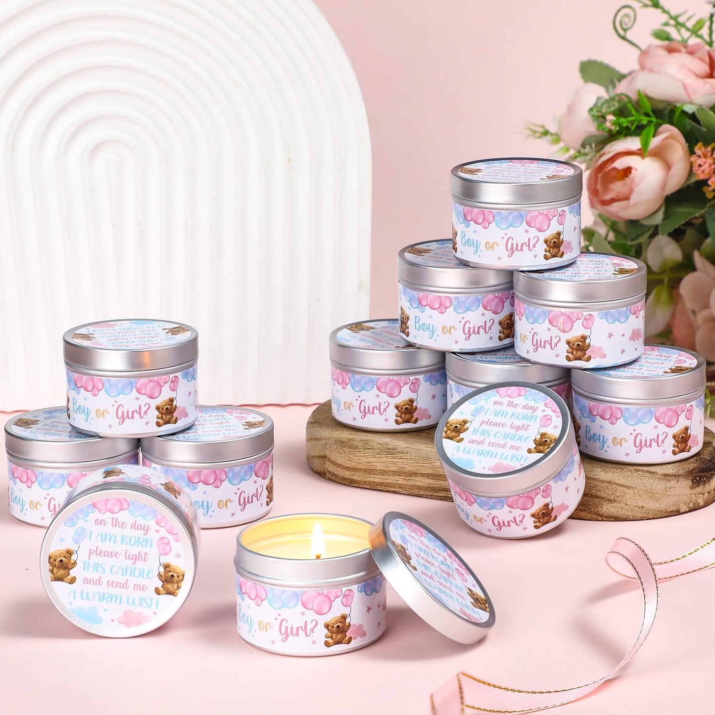 MTLEE 24 Pcs Gender Reveal Bear Baby Shower Party Favors Candles Lavender Scented Baby Shower Favors for Guests Rustic Tealights Candles Gender Reveal Return Gifts (1.2 oz, Blue and Pink)