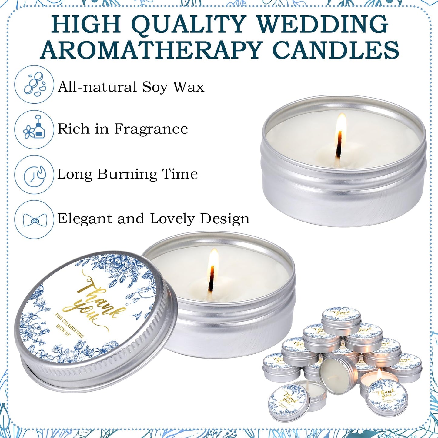 MTLEE 50 Pcs Blue Floral Wedding Candles Gift Favors for Guests 1 Oz Lavender Scented Soy Wax Aromatherapy Candle Favors for Bridal Shower Rustic Wedding Party Guests(Blue Floral)