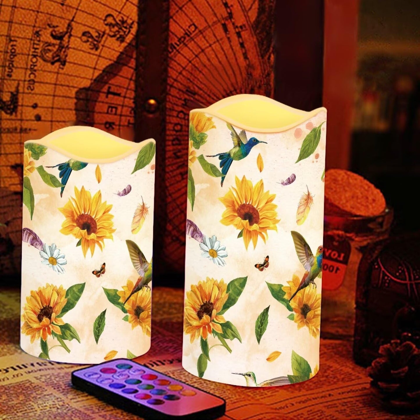 Ystardream Sunflower Hummingbird Flameless Candles with Timer Led Candles Flickering 4 Candle Sets for Home Decor,18 Key Remote Control,Dancing Flame, True Wax, Battery Powered.