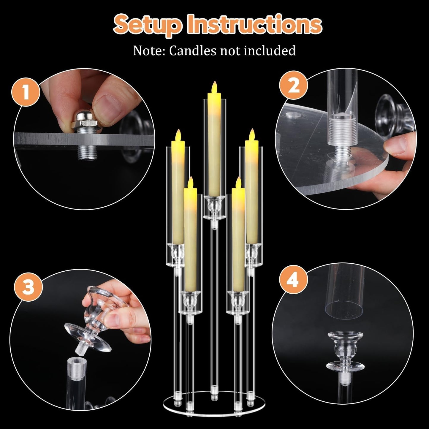 5 Arms Acrylic Candelabra Centerpieces for Tables, Clear Candle Holder for Halloween Christmas Wedding Party Decor, 27" Tall Candlestick Holders with Lampshade, Fits LED Candle(2pcs)