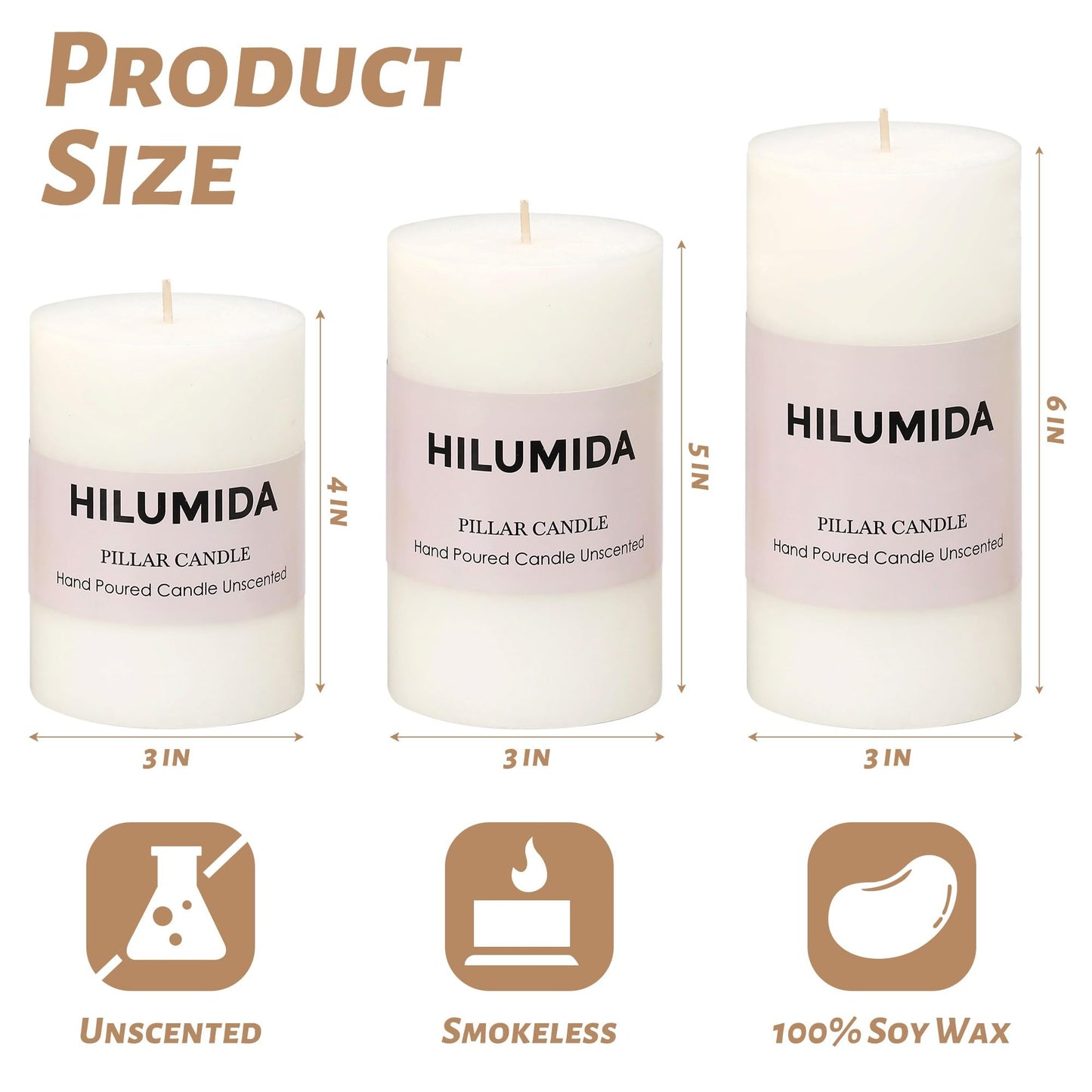 White Pillar Candles Set of 3 - Hand-Poured Unscented Candles,Smokeless Dripless Candles for Dinner Table and Home, Set of 3 in Different Sizes (3"x4", 3"x5", 3"x6")