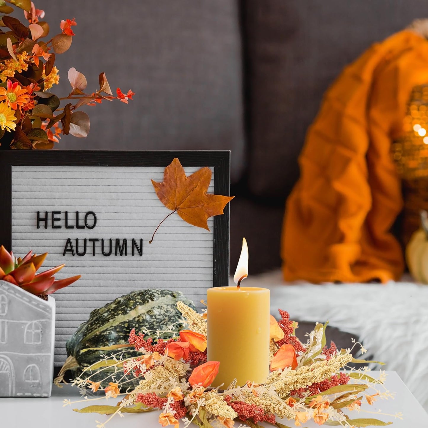 8 Pcs Fall Candle Rings 9 inch Thanksgiving Autumn Wreaths with Flowers for Tables Artificial Farmhouse Candle Rings Wreath for Front Door Porch Wall Window Decorations