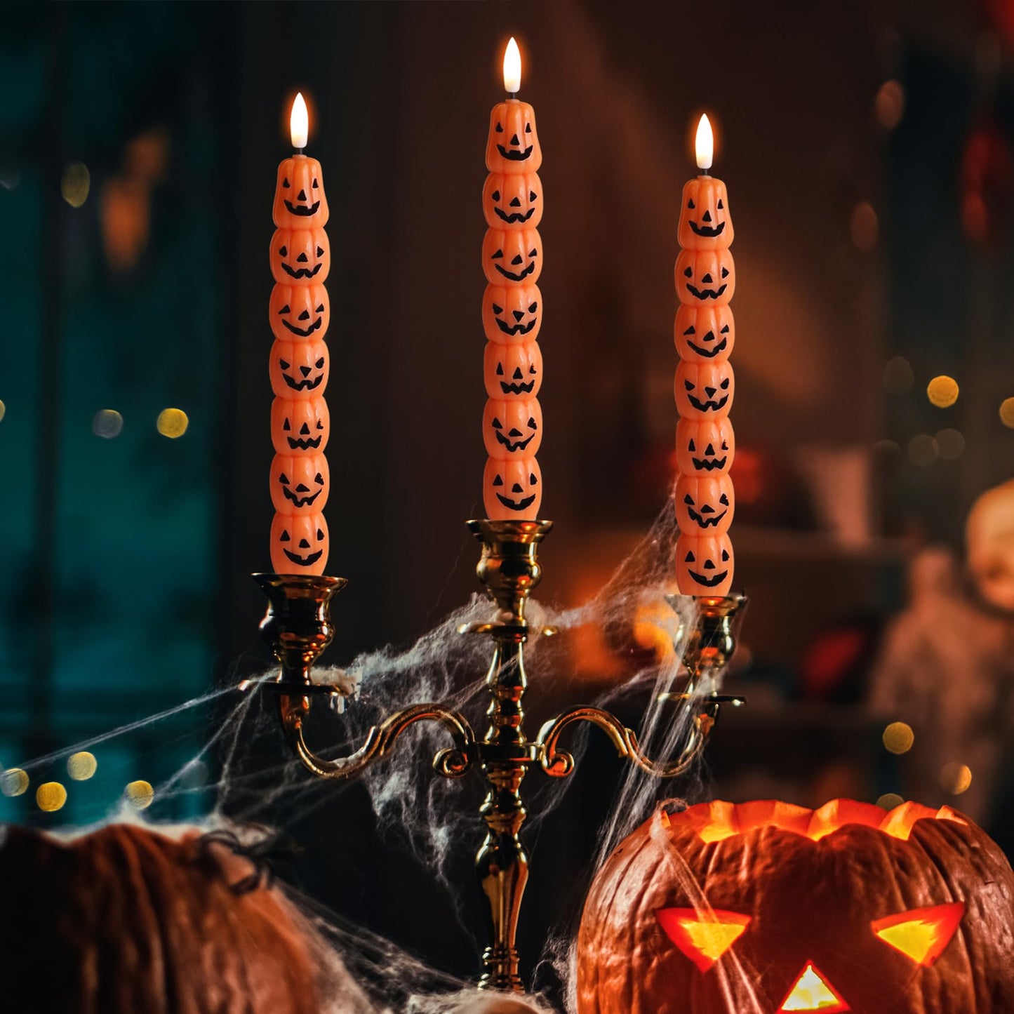 Eywamage Halloween Flameless Taper Candles with Remote, Orange Pumpkin LED Candlesticks Battery Operated Flickering Real Wax Set of 4