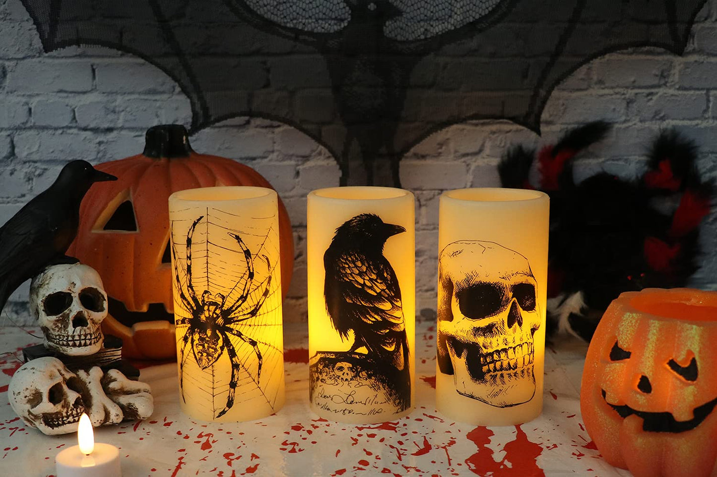 Lasumora Halloween Flameless Candles with 6H Timer, LED Pillar Candles mit Skull, Spider Web, Crow Raven Decals Set of 3, Battery Operated Real Wax Candles, Halloween Decor Horror Gothic Punk
