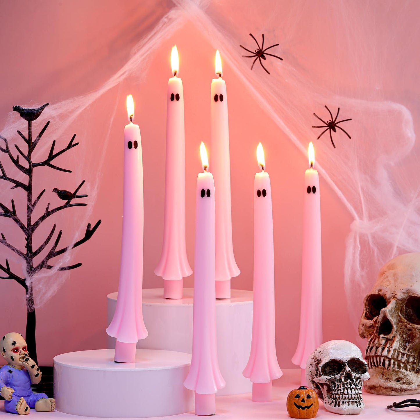 Conelist 6 Pcs Halloween Ghost Taper Candles Bulk Cute Pink Spooky Candles Decorations Halloween Ghost Shaped Decor for Party Favor Home Table Centerpieces Fireplace Festival Kitchen